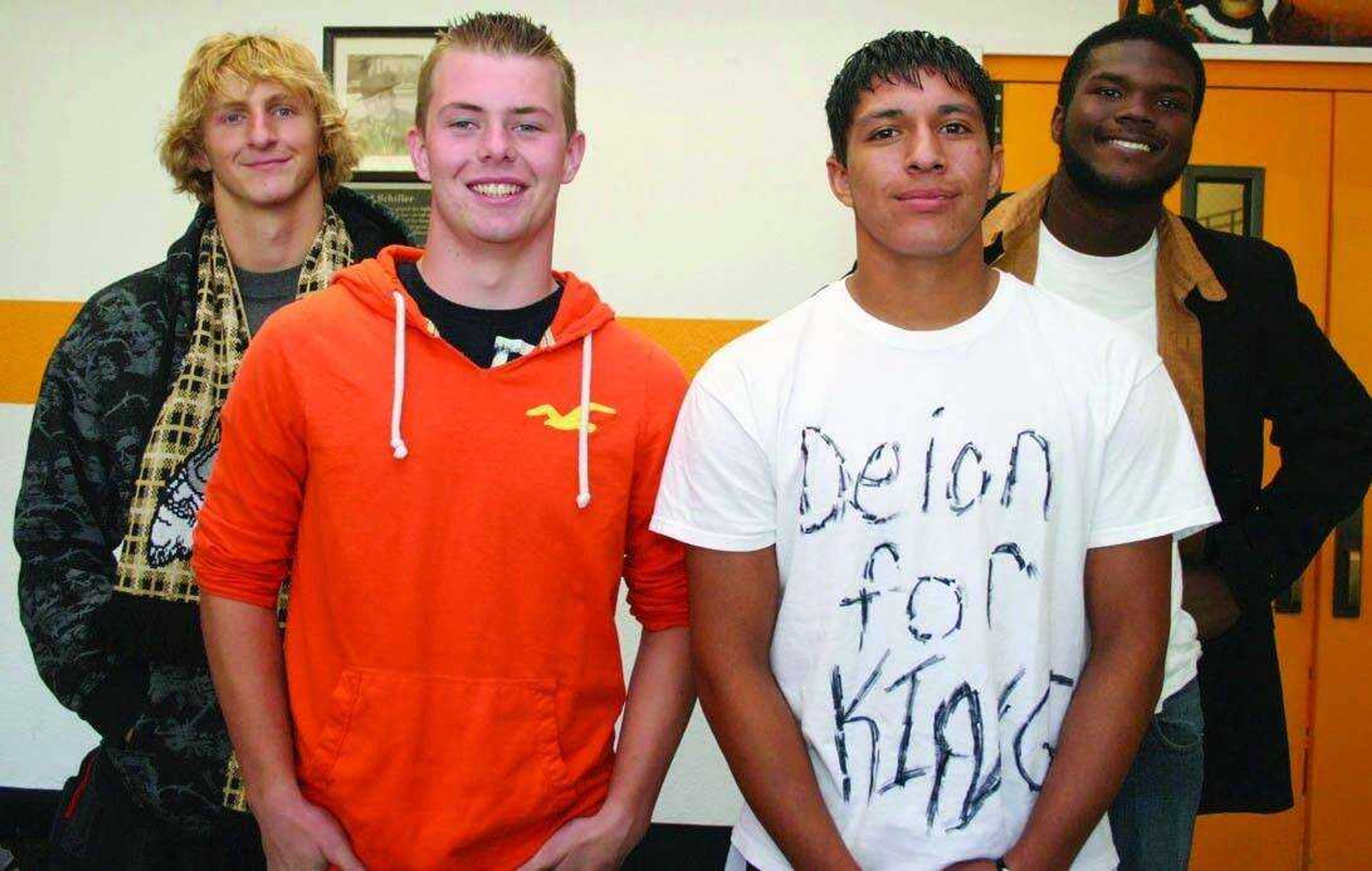 Homecoming King candidates are, from left, Colton Zamora, Jesse Corbett, Anthony Castillo (whose shirt urges a vote for Brown), and Deion Brown. The Homecoming King will be announced during Friday's pep assembly at the high school. Photo by Brian S. Orban