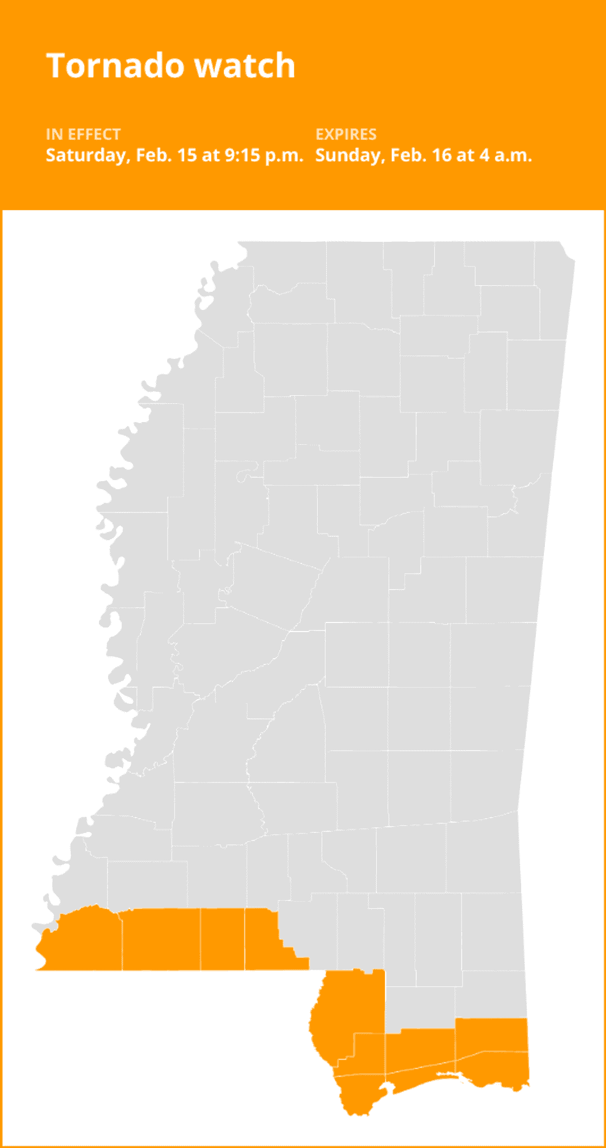 Tornado watch issued for southwest Mississippi until early Sunday morn...