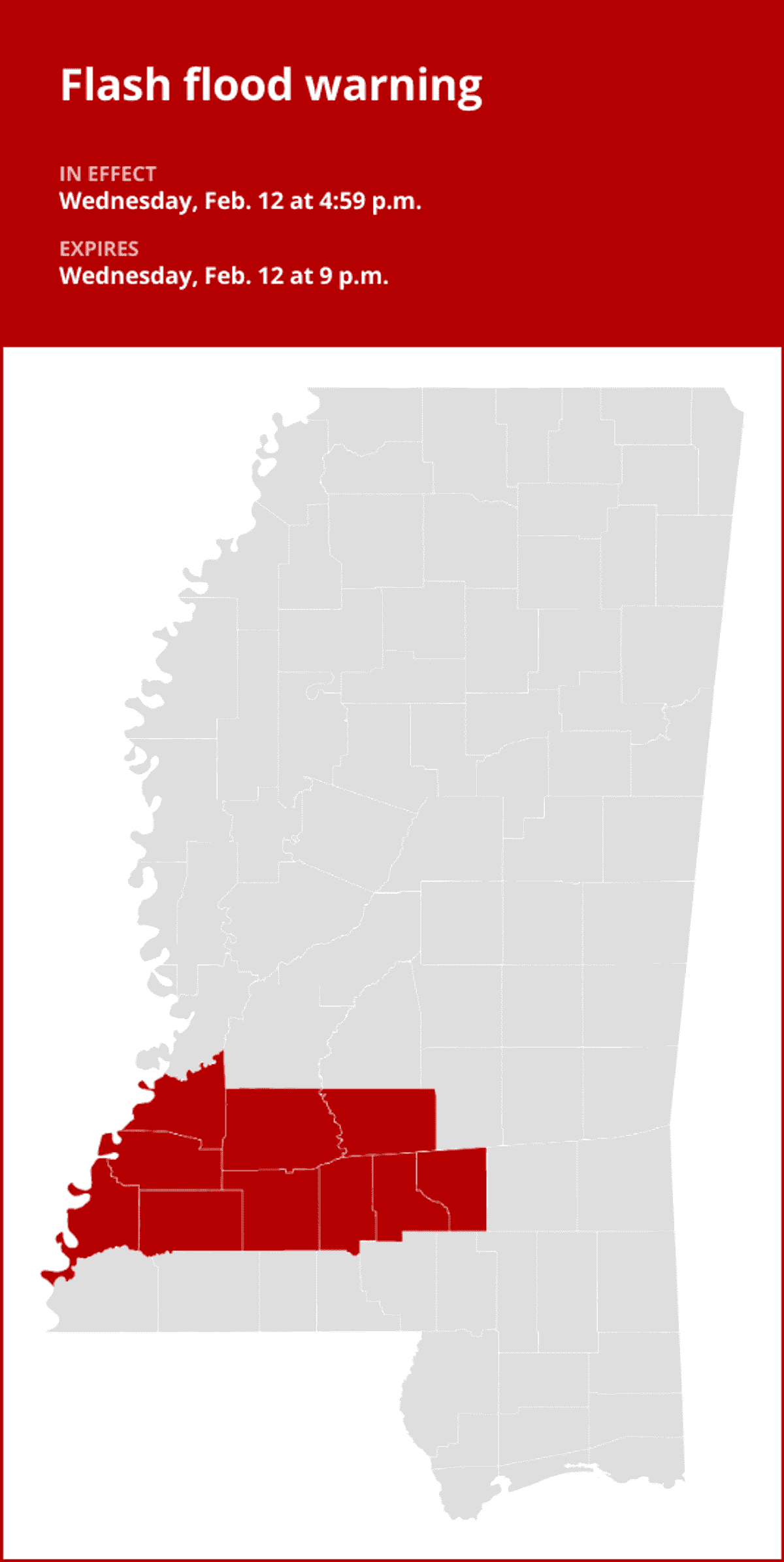 Flash flood warning for southwest Mississippi until Wednesda...