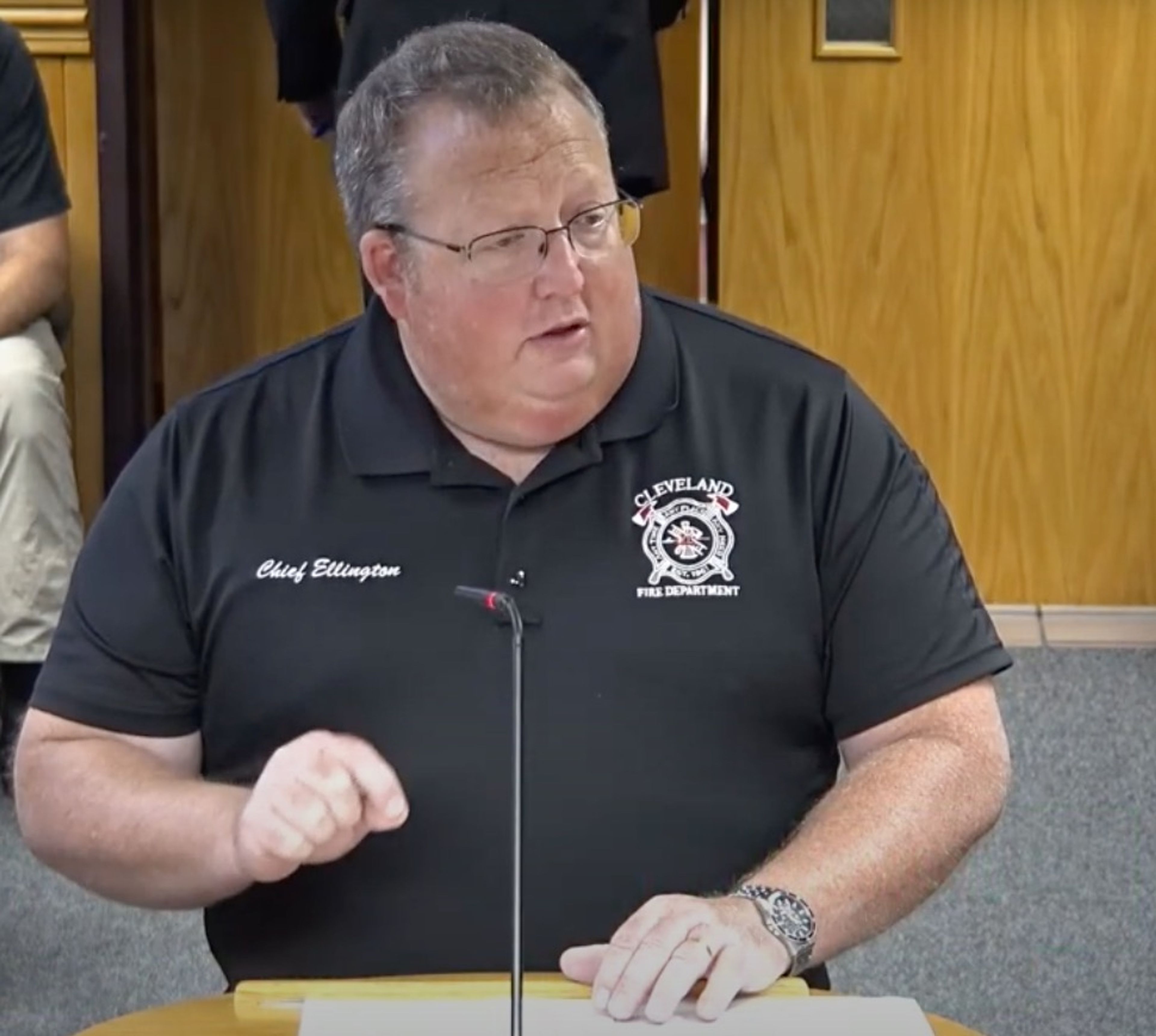 Cleveland Fire Chief Chris Ellington updates County Commissioners on the work of the Johnston County Fire Protection Service District Commission. Screen capture