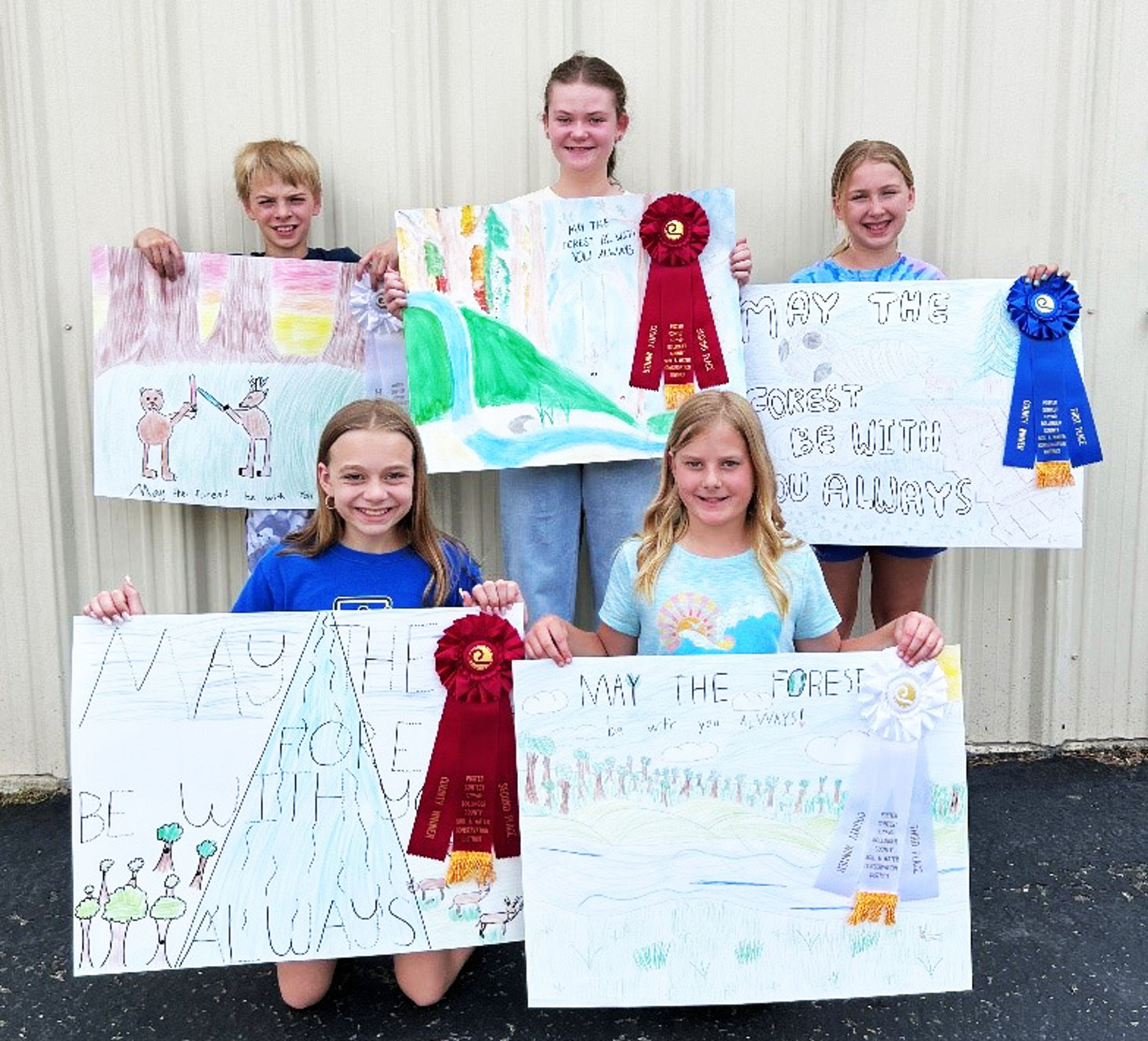 Winners from Leopold (front row, from left) include Addison Arnzen, fifth grade, second place; and Juliet Booth, fourth grade, third place; and (back row, from left) Jaxon Fluchel, fifth grade, third place; Kynlee Martin, sixth grade, second place; and Nellie Langston, fourth grade, first place.
