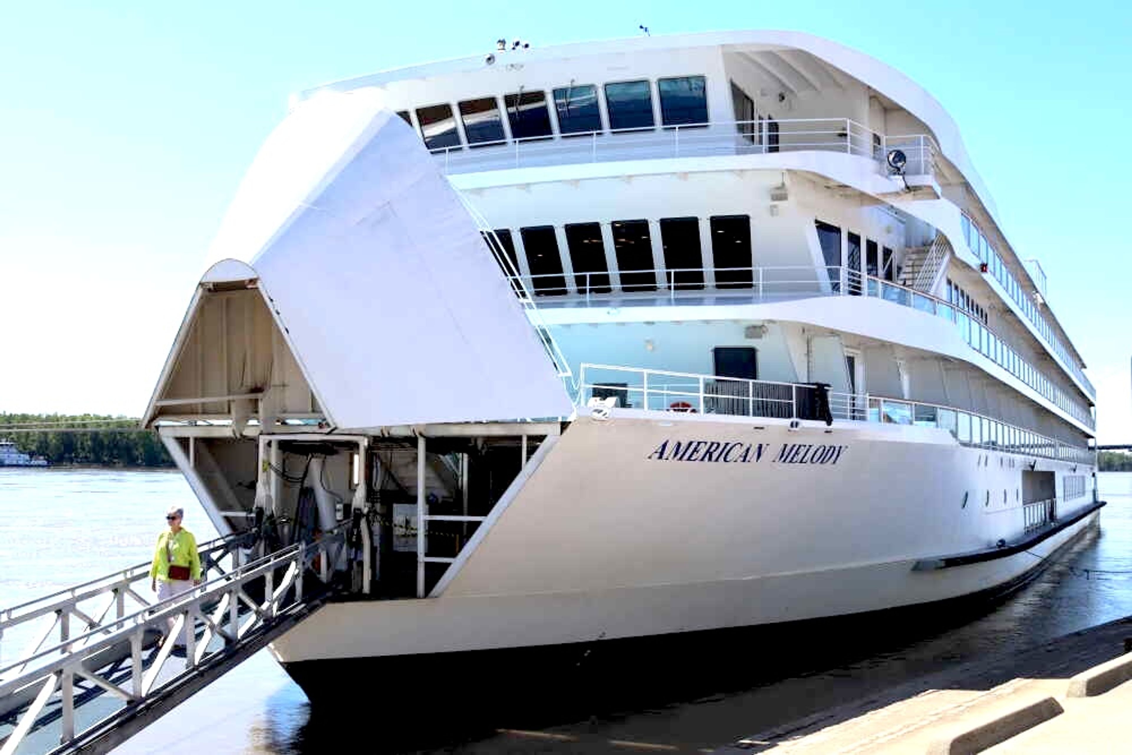 
A passenger of the American Melody leaves the vessel June 11 to explore Cape Girardeau.
