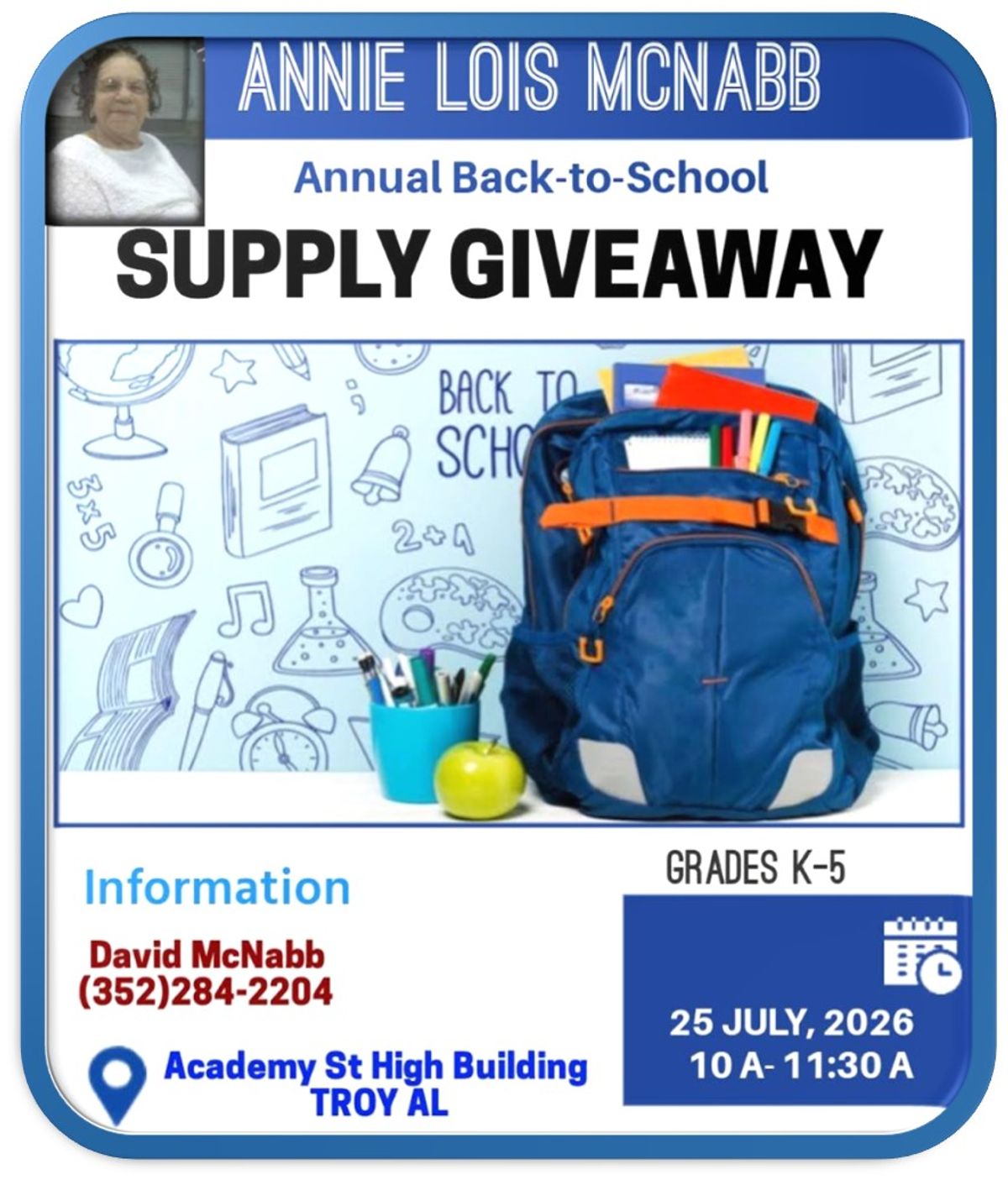 Annual Annie Lois McNabb school supply giveaway returns Aug....