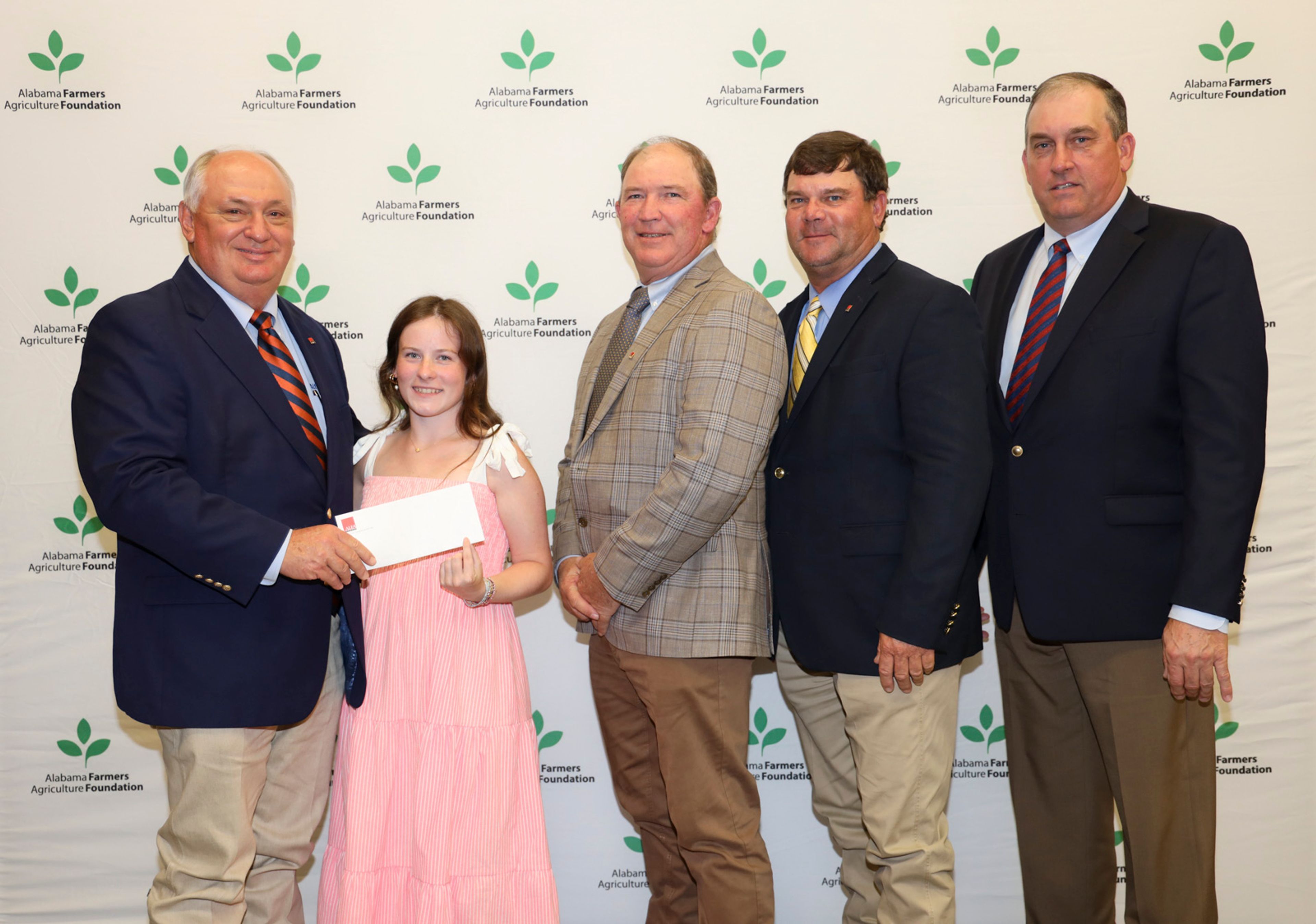 Pike County native and Auburn University student Mary Jordan received a $2,000 scholarship from the Alabama Farmers Agriculture Foundation and the Pike County Farmers Federation (PCFF). Jordan was recognized during the Alabama Farmers Federation scholarship reception Sept. 21 at Lazenby Farms in Auburn. Jordan is a freshman studying agricultural science. From left are Federation President Jimmy Parnell, Jordan, PCFF President Billy Hixon, Federation District 10 Director Trip Horne and Federation Southeast Area Vice President Chris Carroll.