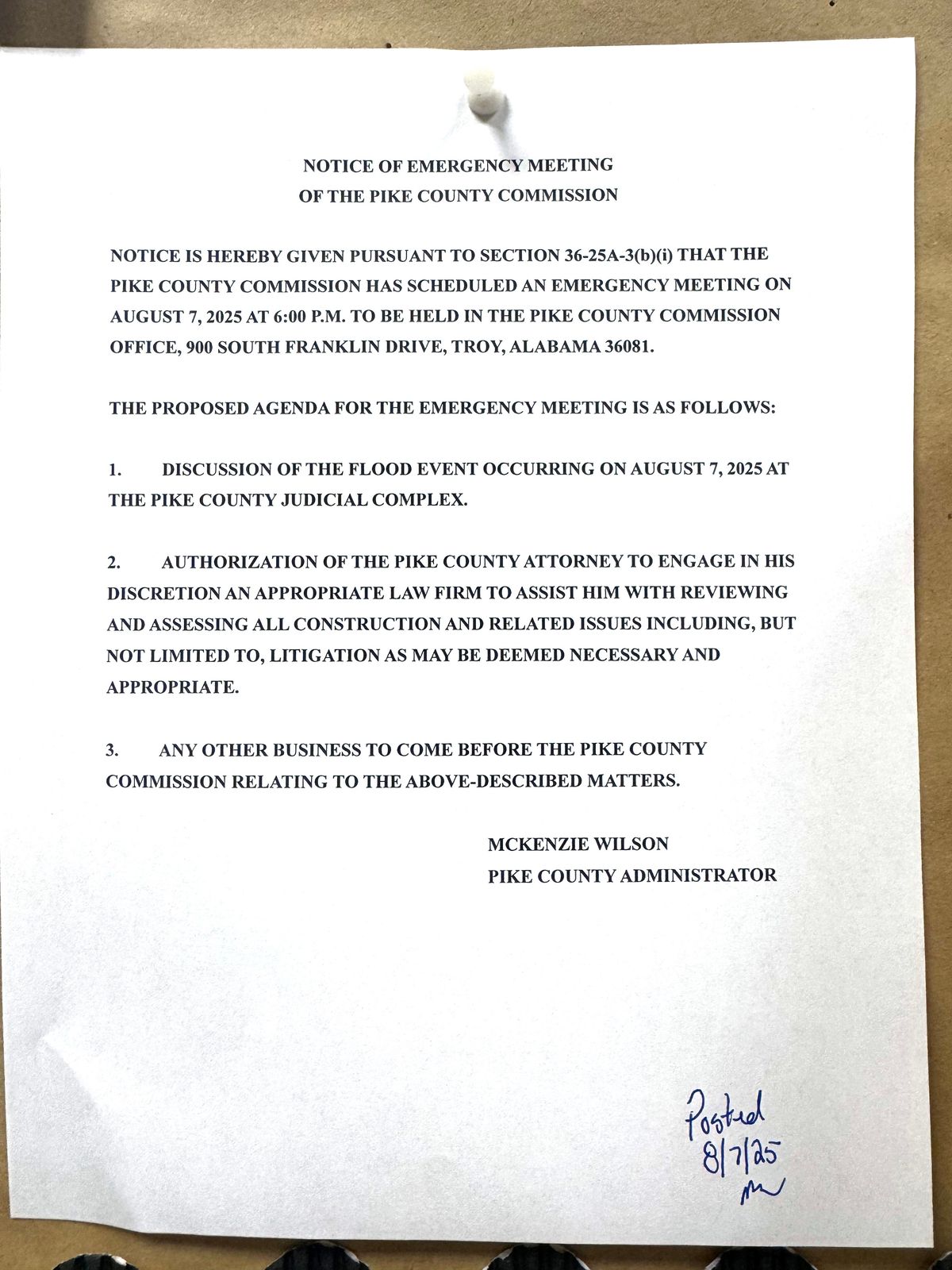 Pike County Commission calls emergency meeting.