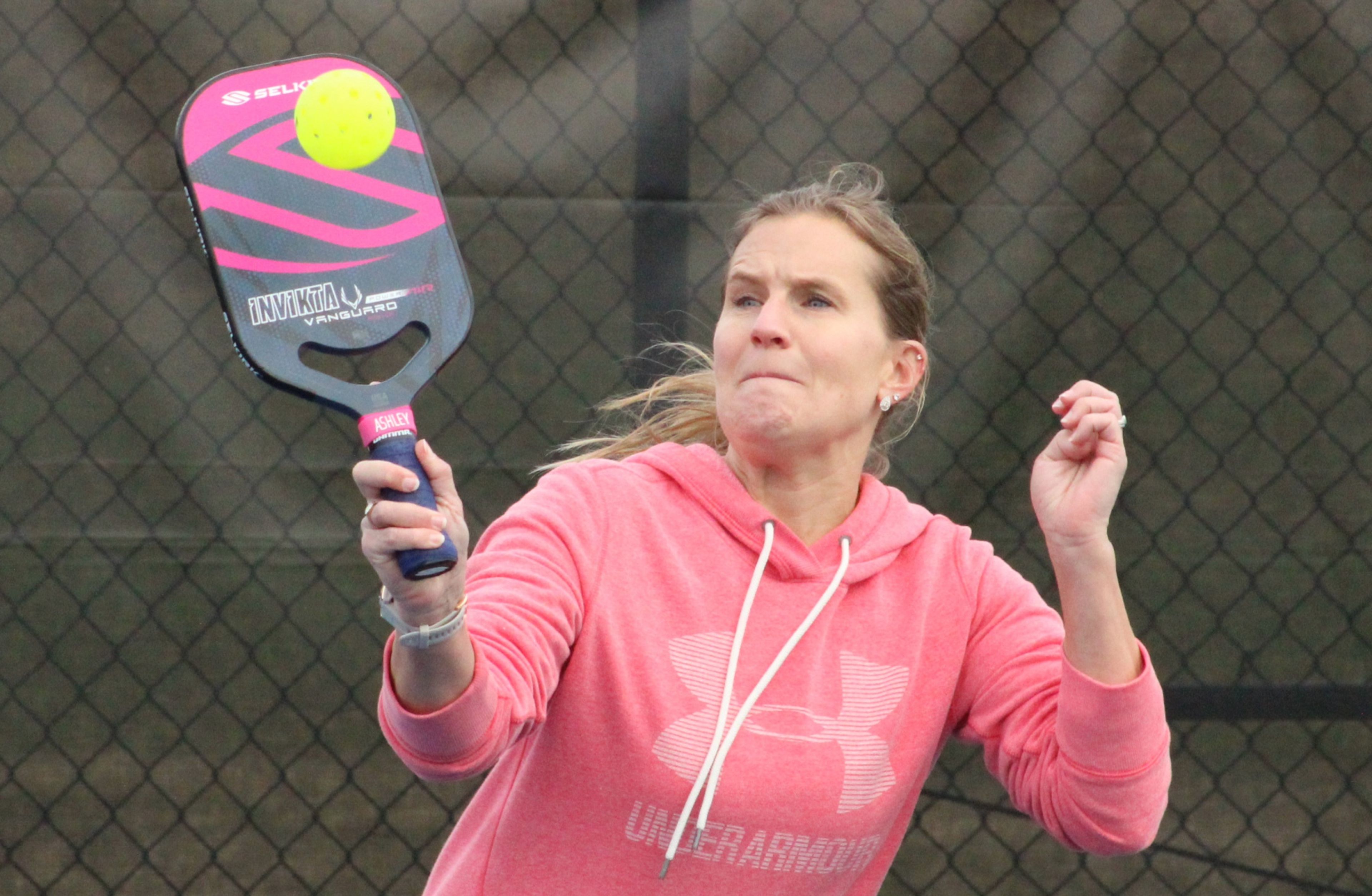 Ashley “The Devastator” Davis returns a pickleball during a Monday game at the pickleball facility at J. Burt Gillette Athletic Complex. Drew C. Wilson | Times