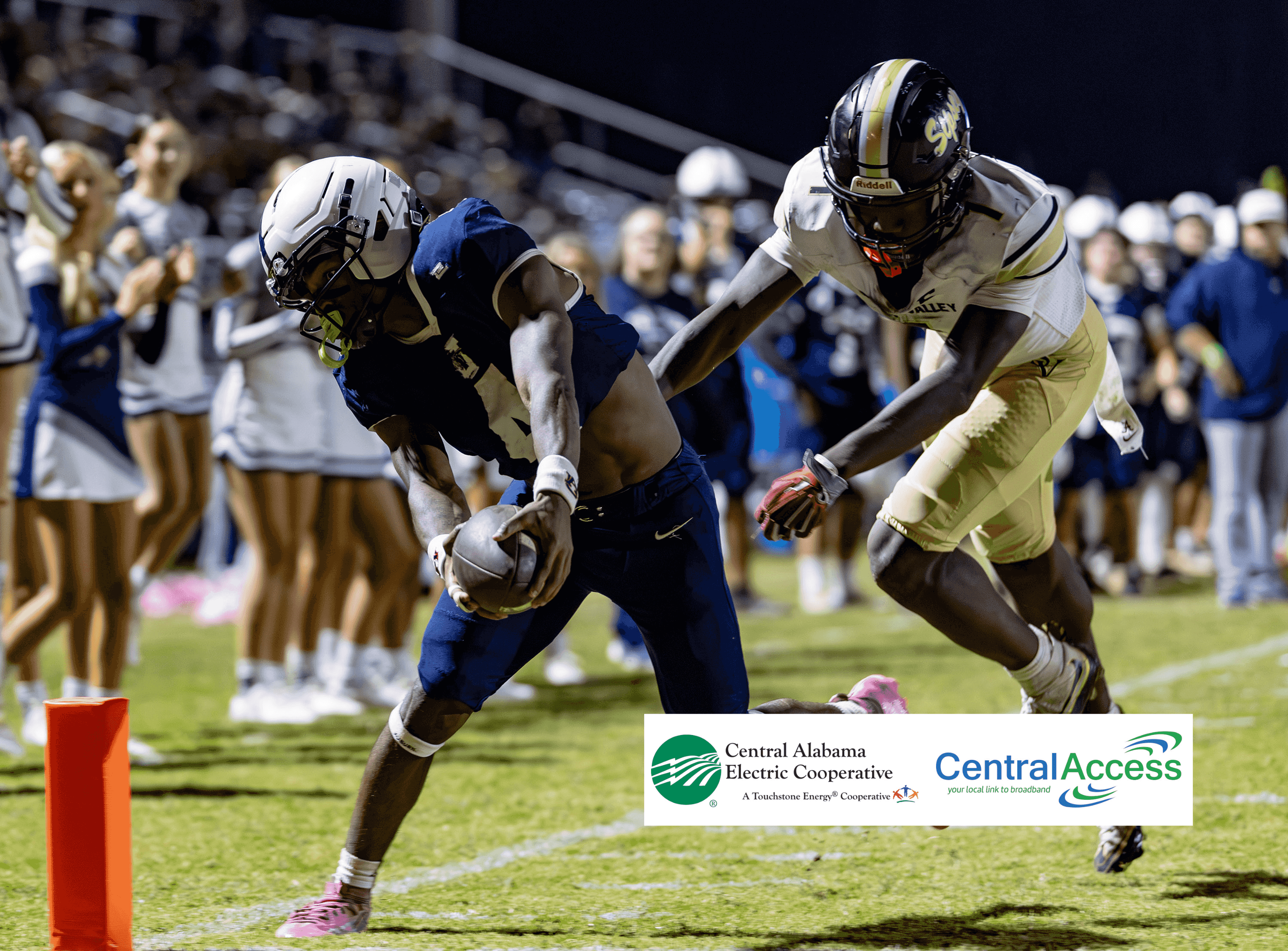 Jemison High School running back Adrian Davis stretches for the pylon against Sipsey Valley High School.
