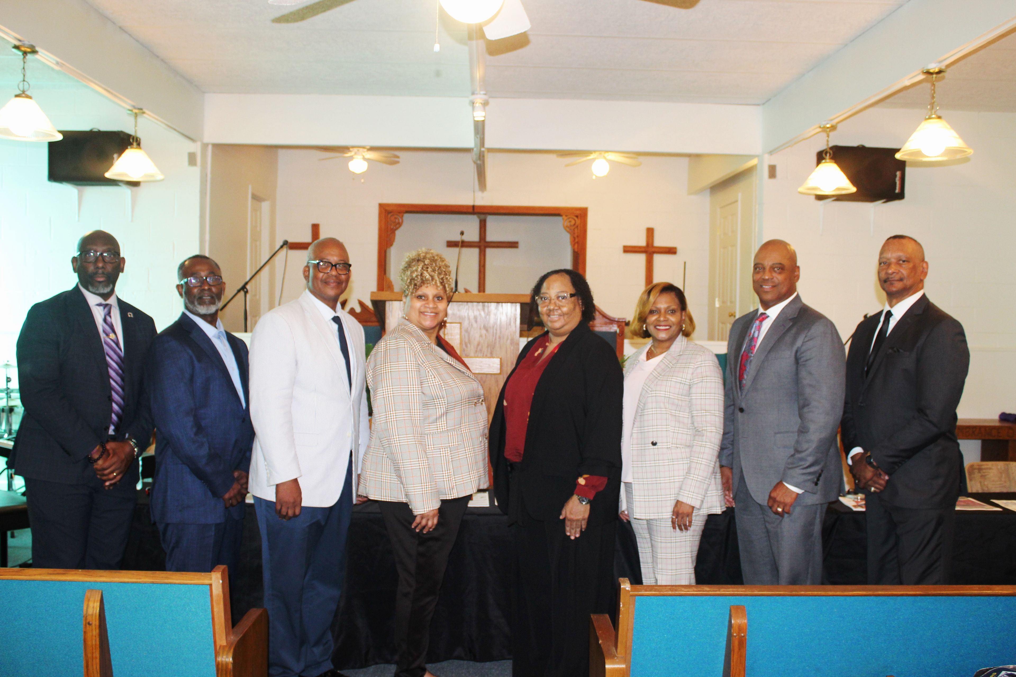 Jemison High School Black Alumni Class of 1983 Panel members Dwight Swindle, left, Phyllis Singleterry, Allison N. Washington, Sheree Atchison Price, Jesse Nunn, Johnny Nunn, James Taylor and Rev. Dr. Earl Robinson.