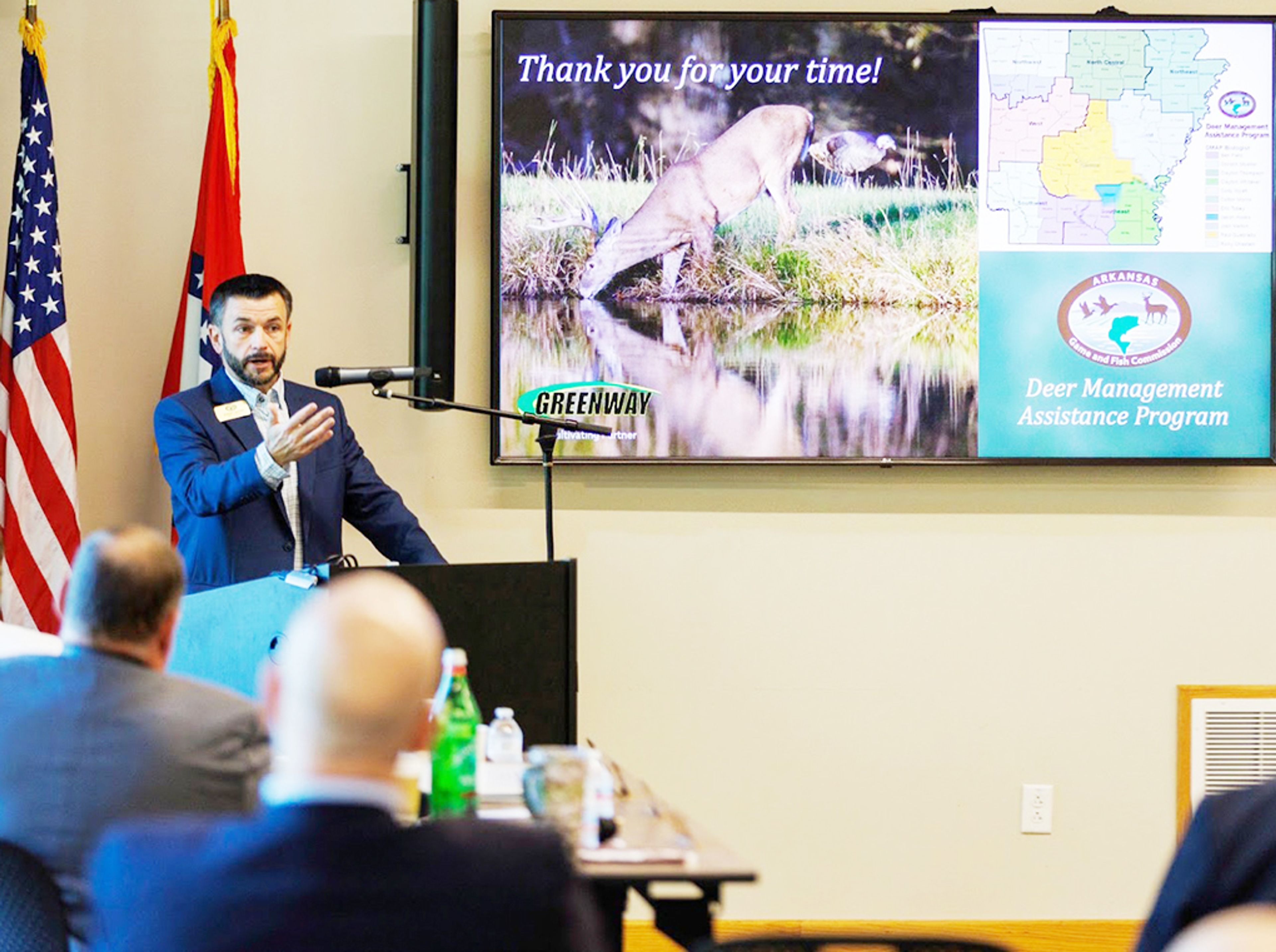 Brown presents an update on the AGFC’s newly reinvigorated Deer Management Assistance Program at a recent Commission Meeting at Petit Jean State Park. AGFC photo by Mike Wintroath.