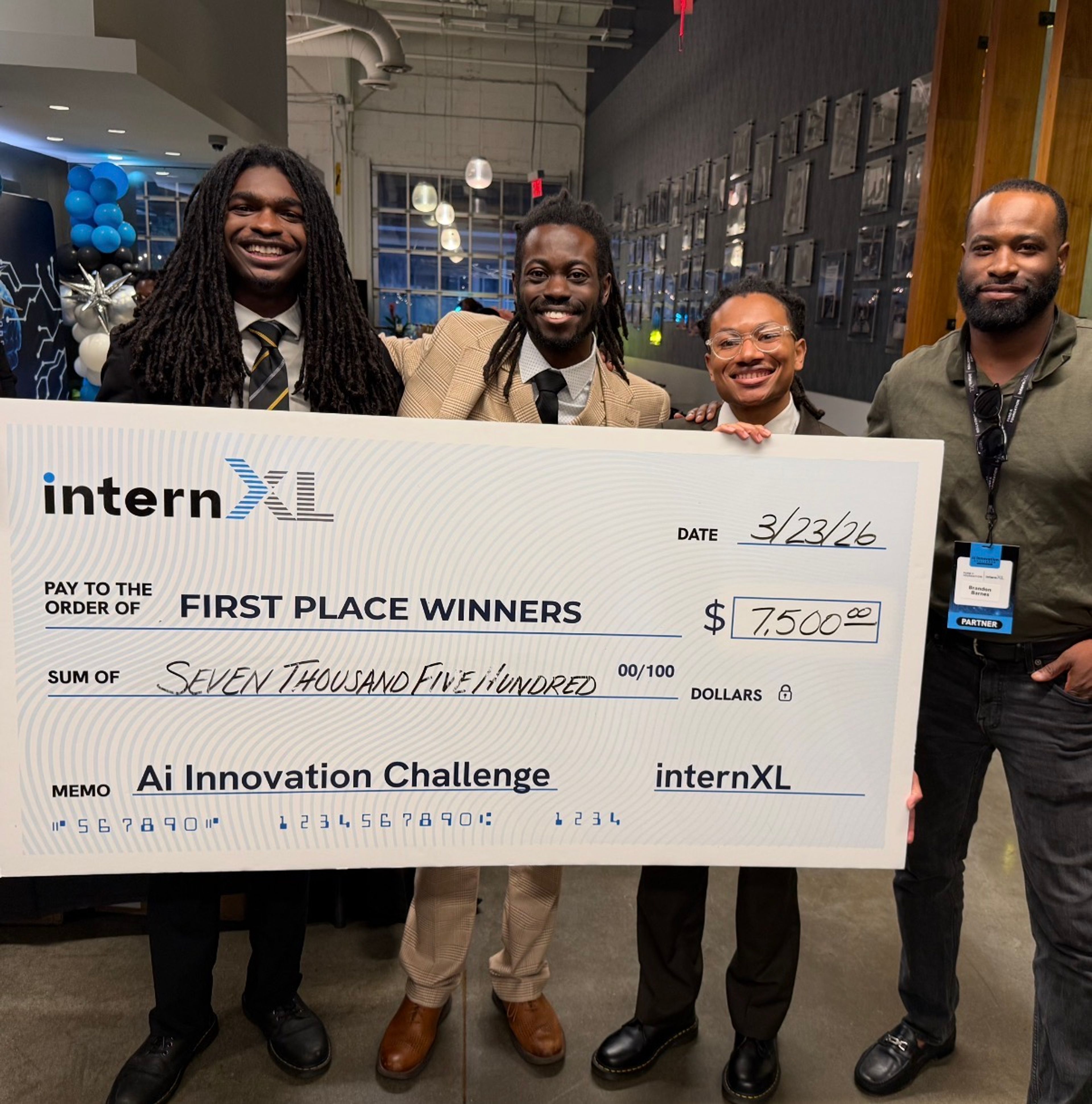 Tuskegee University students celebrate winning first place and $7,500 at the internXL AI Innovation Challenge during HBCU AWARE Fest, with support from the Black Tech Initiative.