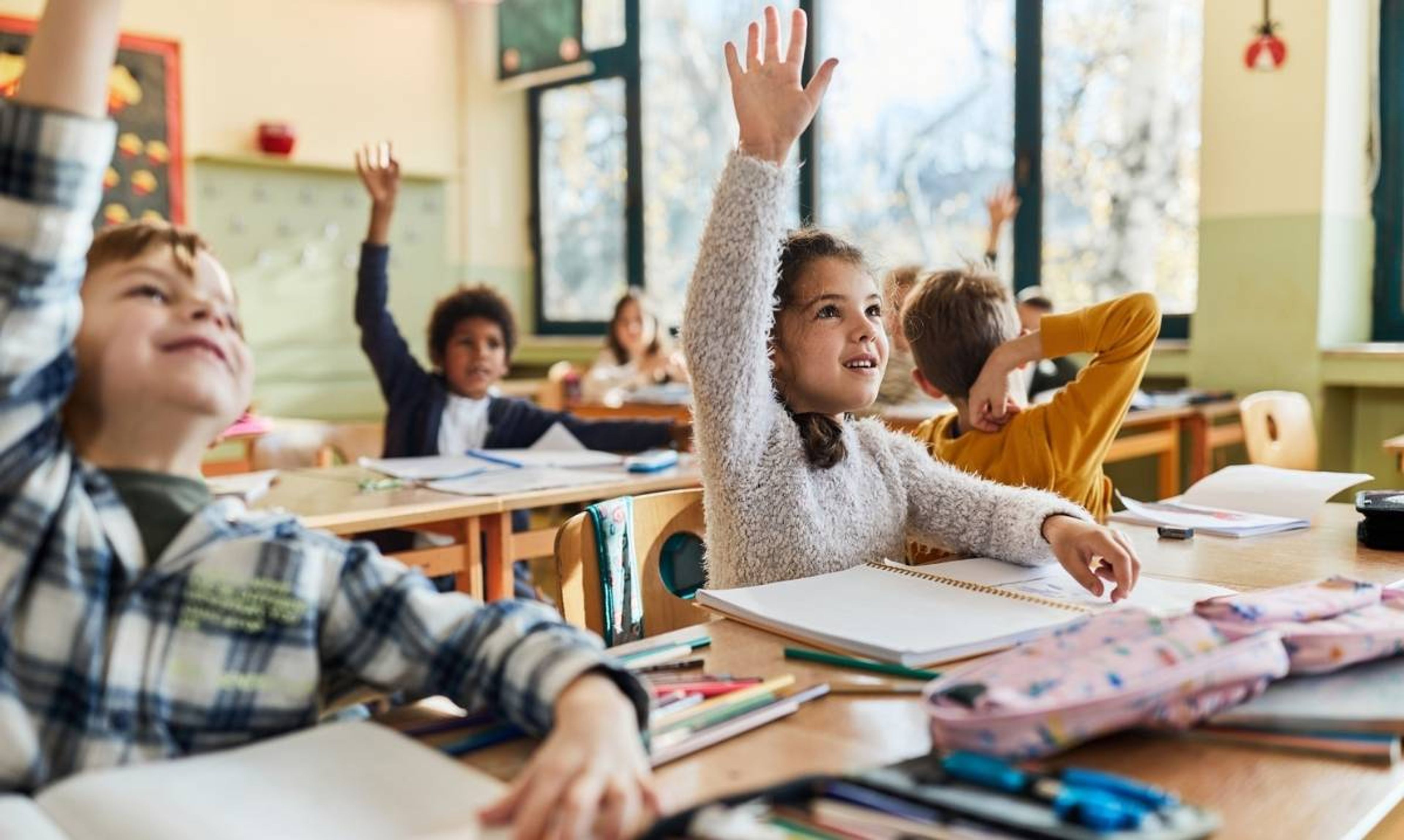 Elementary school students raise their hands in a Chicago classroom during a lesson.