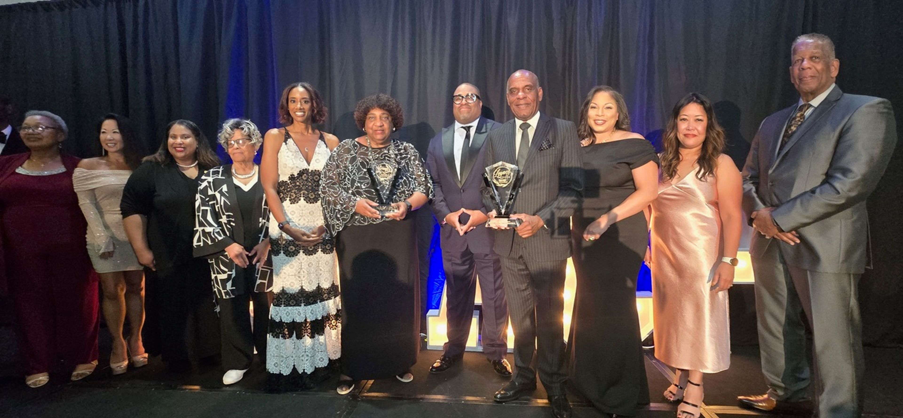 Group photo from the California NAACP State Hall of Fame Induction. NAACP California-Hawaii State Conference President Rick Callender stands with local NAACP branch presidents, honorees Secretary of State Dr. Shirley Weber and Hon. Steven Bradford, along with event emcee Kerri Harper-Howie, moderator Regina Brown Wilson and NAACP staff. Photo by Ronald Patton, California Black Media.