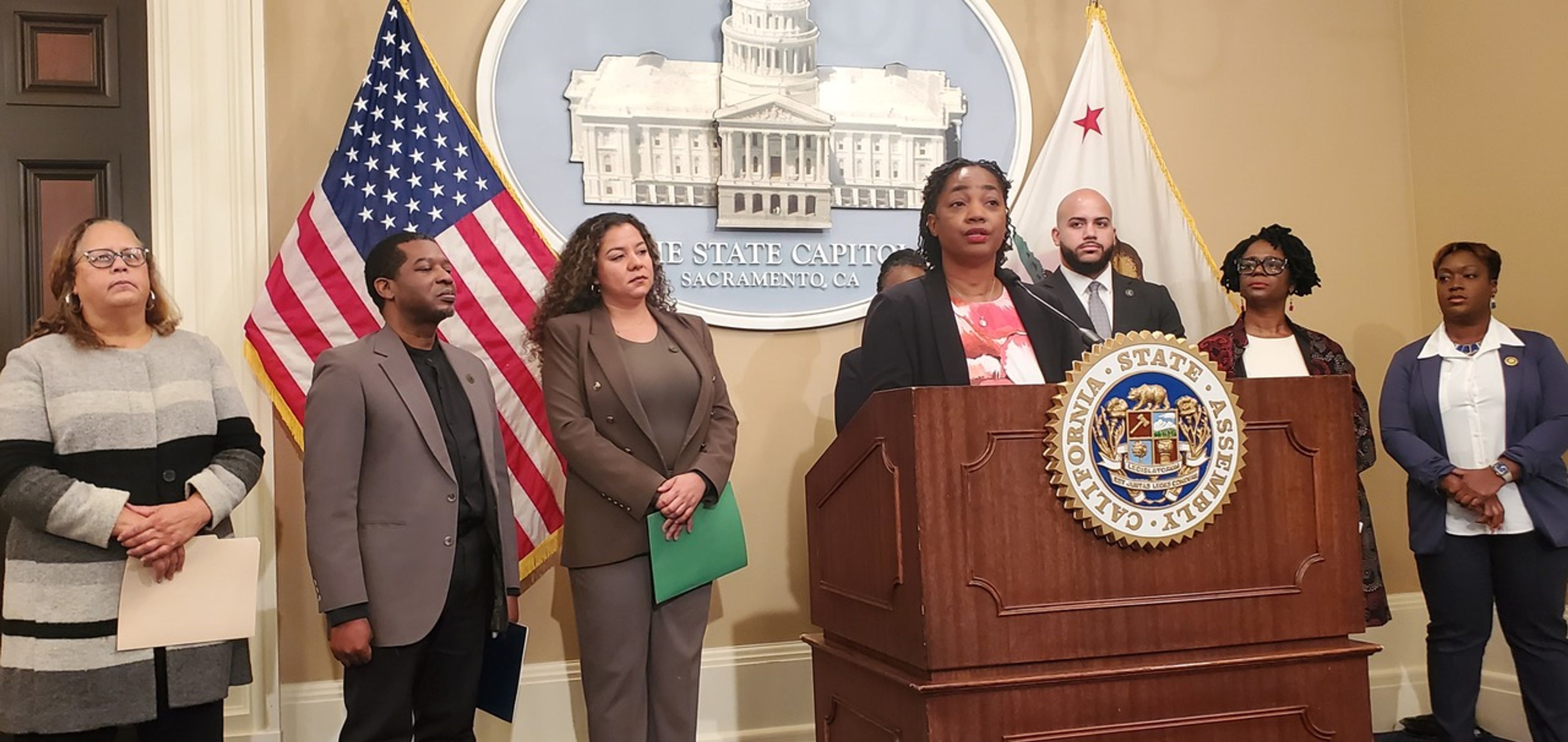 Sen. Akilah Weber Pierson (D-San Diego) and members of the California Legislative Black Caucus (CLBC) present their Road to Repair 2025 Priority Bill Package on Feb. 20 at the State Capitol. CBM photo by Antonio Ray Harvey.
