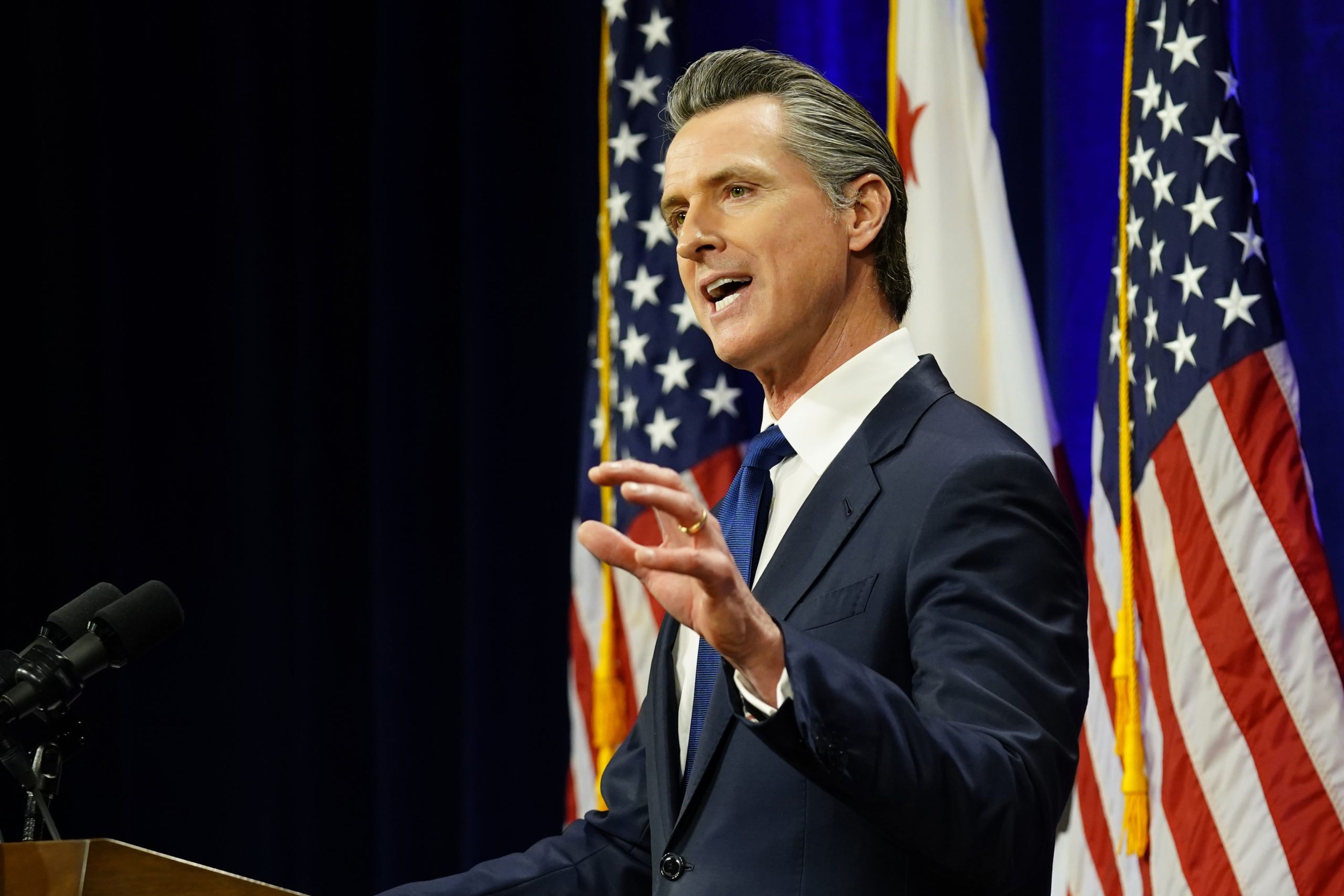 California Gov. Gavin Newsom delivers his annual State of the State address in Sacramento, Calif., Tuesday, March 8, 2022 (AP Photo/Rich Pedroncelli)