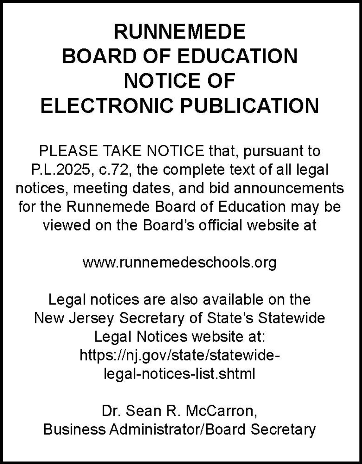 Runnemede Ryaa Runnemede Board of Education Legal Notices Now Available Onl...