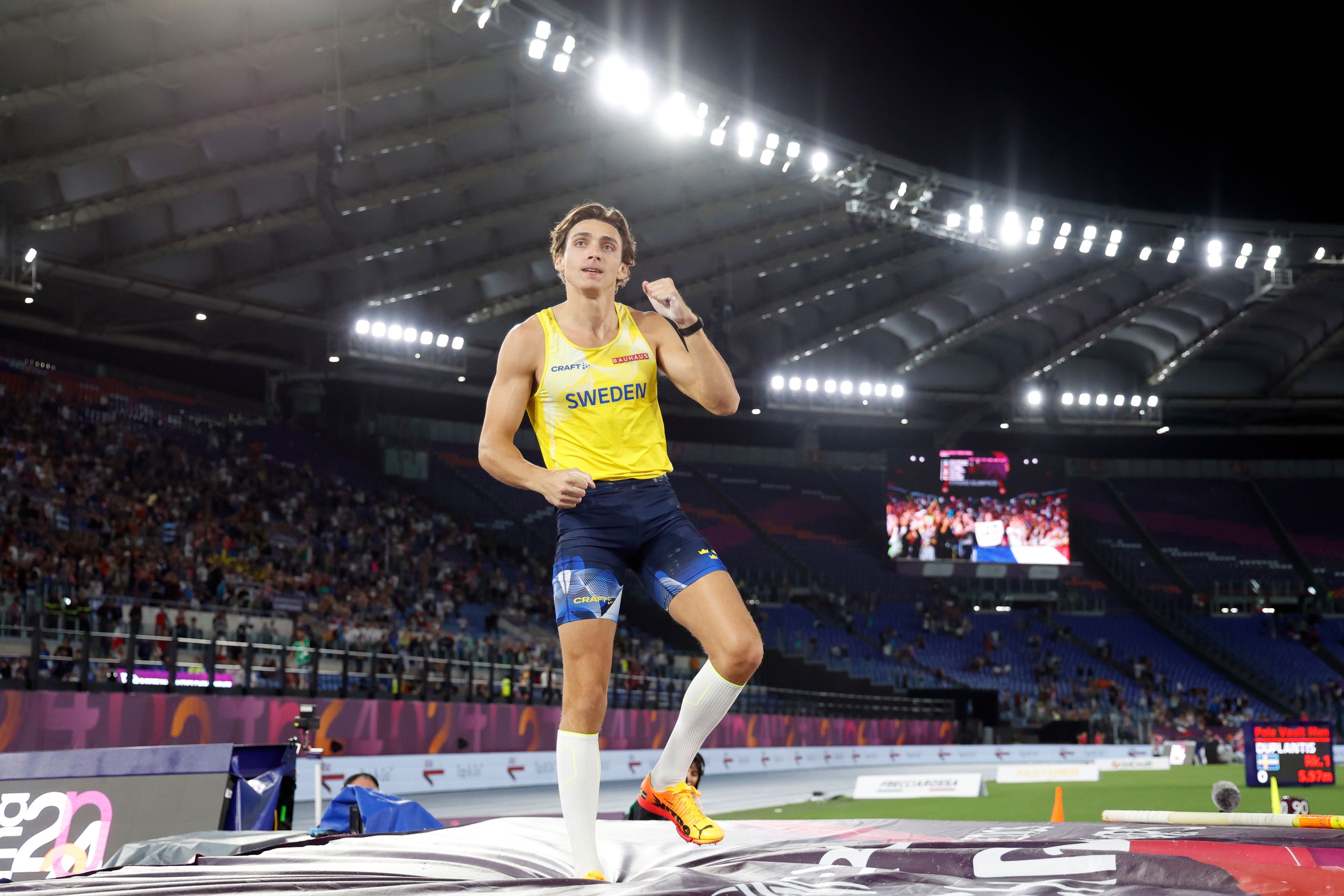 Armand Duplantis, of Sweden, reacts after a successful attempt in the men's pole vault final at the European Athletics Championships in Rome, Wednesday, June 12, 2024. (AP Photo/Riccardo de Luca)