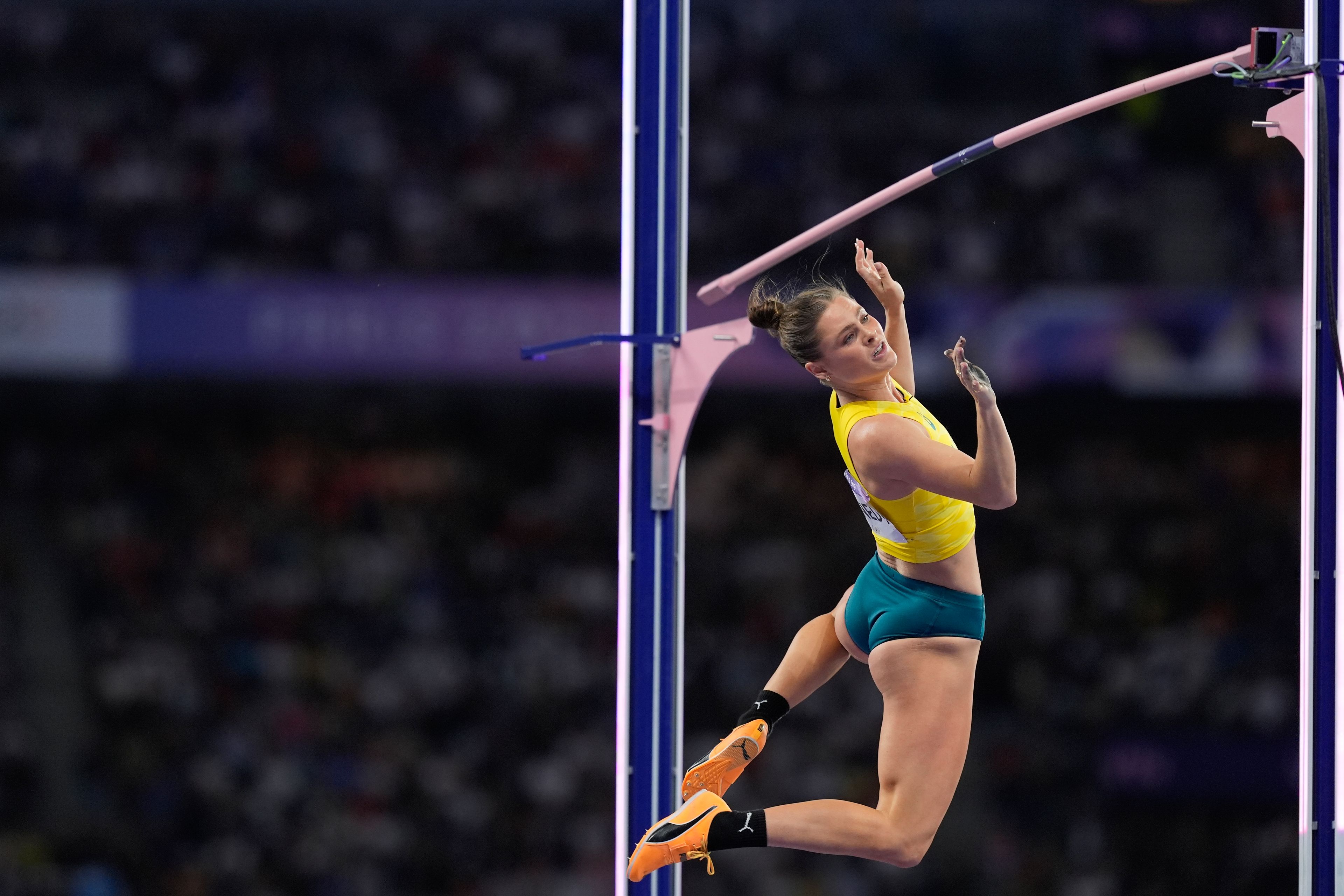 Nina Kennedy, of Australia, competes in the women's pole vault final at the 2024 Summer Olympics, Wednesday, Aug. 7, 2024, in Saint-Denis, France. (AP Photo/Rebecca Blackwell)