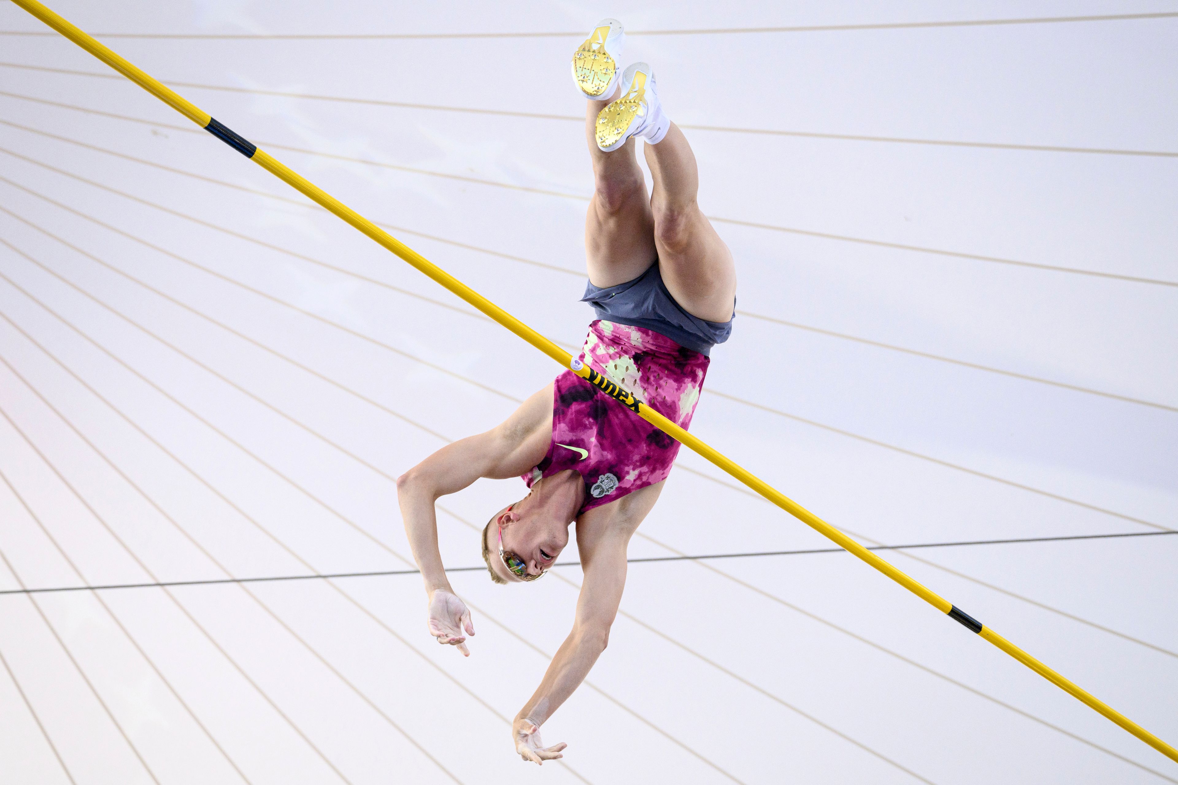 Sam Kendricks of USA competes during the men's pole vault competition at the World Athletics Diamond League Athletissima City event athletics meeting, in Lausanne, Switzerland, Wednesday, Aug. 21, 2024. (Jean-Christophe Bott/Keystone via AP)