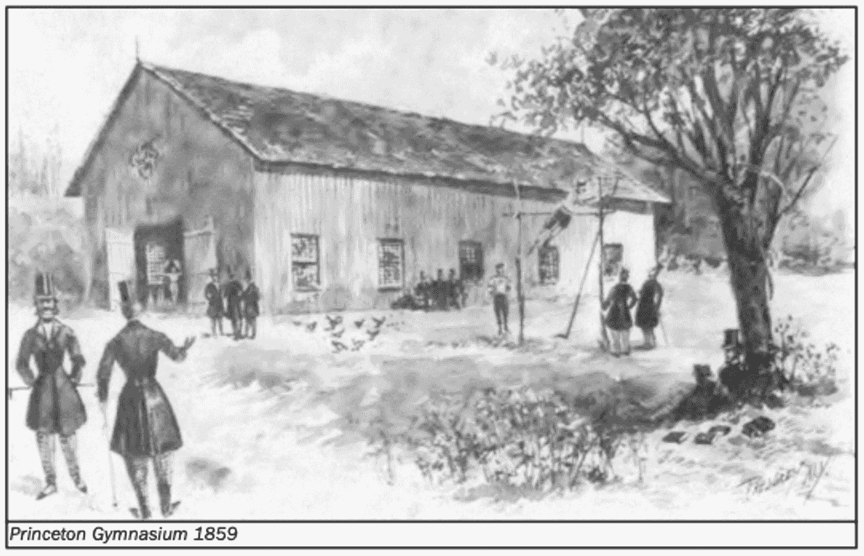 In British Rural Sports, by John Walsh, a bamboo pole was recommended, but by the 1875 edition this book does not mention bamboo.
Flat discs 4-6 inches in diameter, are suggested to keep the pole from sinking into mud. In a slightly earlier book, Athletics at Princeton,
vaulting is depicted outside the first Princeton gymnasium (approximately 1859). 