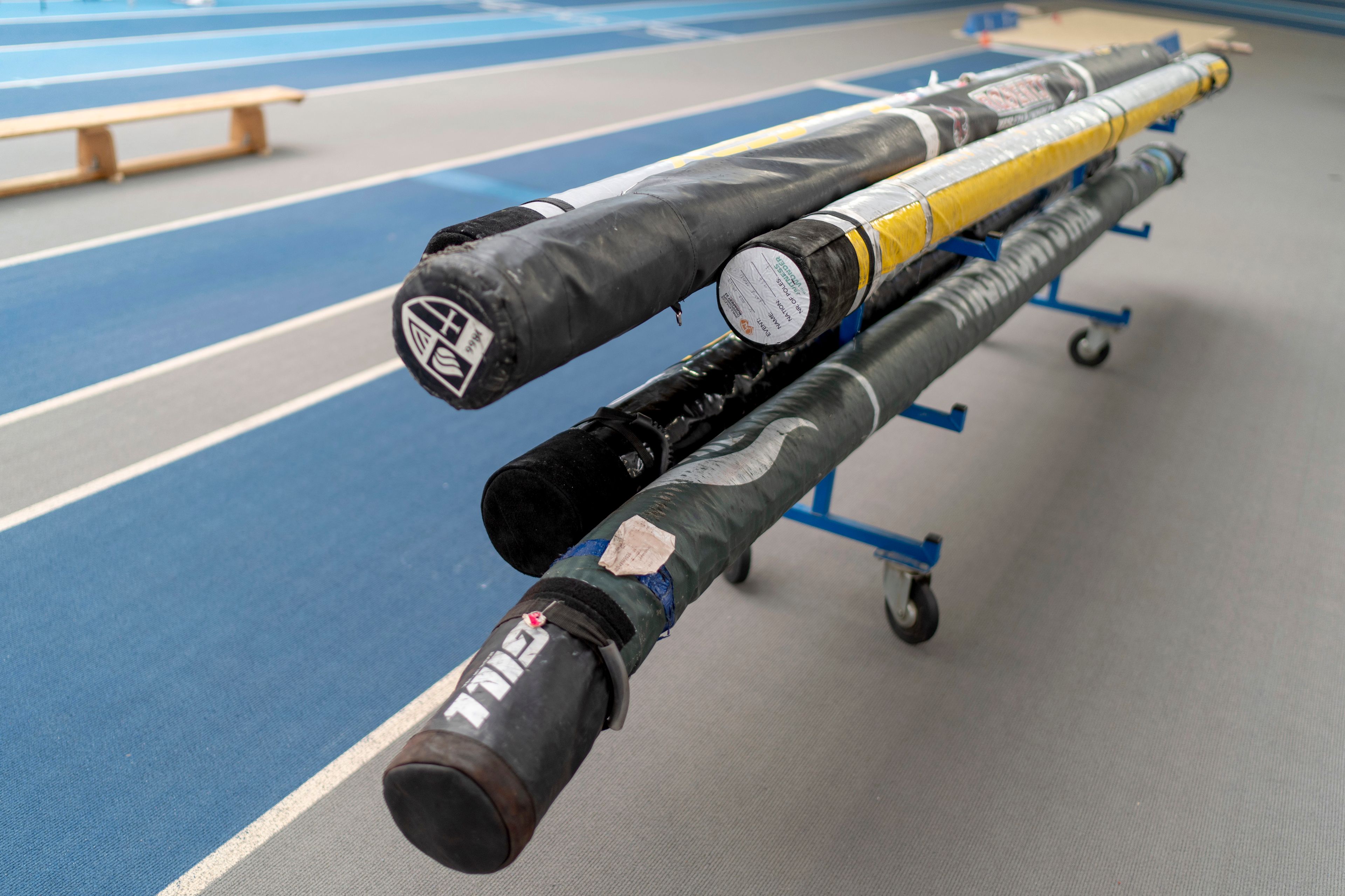 Pole vault luggage bags sit on the track at the Team USA training facility at the 2024 Summer Olympics, Tuesday, July 30, 2024, in Eaubonne, France. (AP Photo/David Goldman)