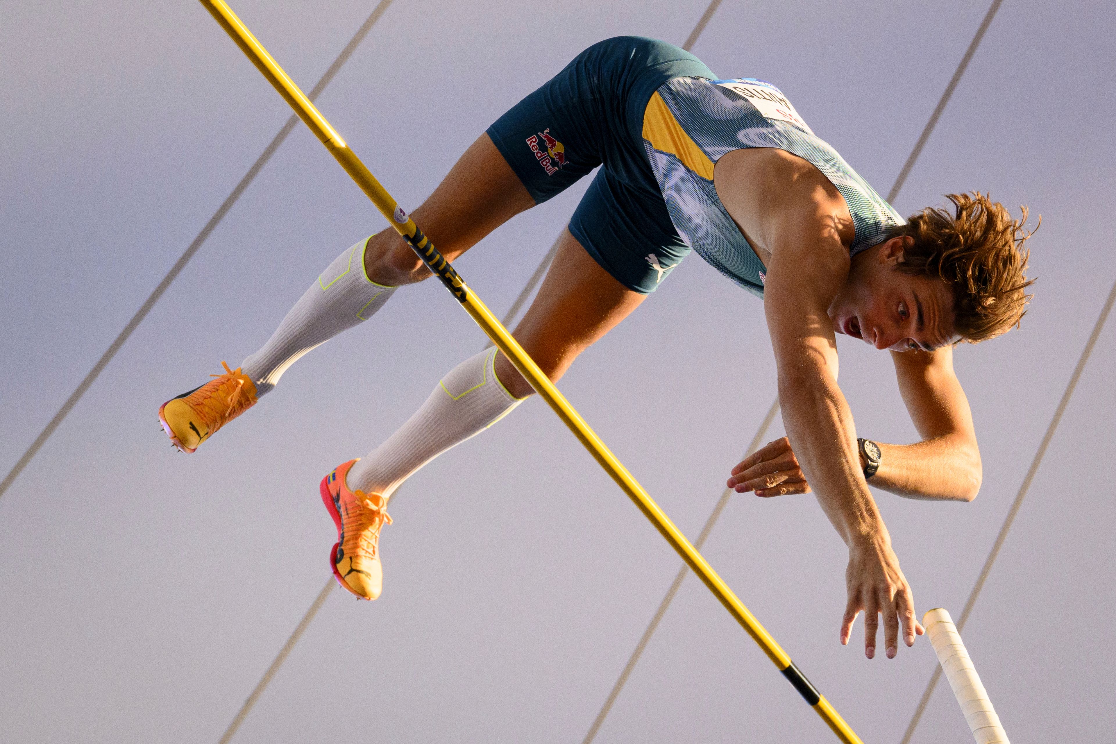 Armand Duplantis, of Sweden competes during the men's pole vault competition at the World Athletics Diamond League Athletissima City event athletics meeting, in Lausanne, Switzerland, Wednesday, Aug. 21, 2024. (Jean-Christophe Bott/Keystone via AP)