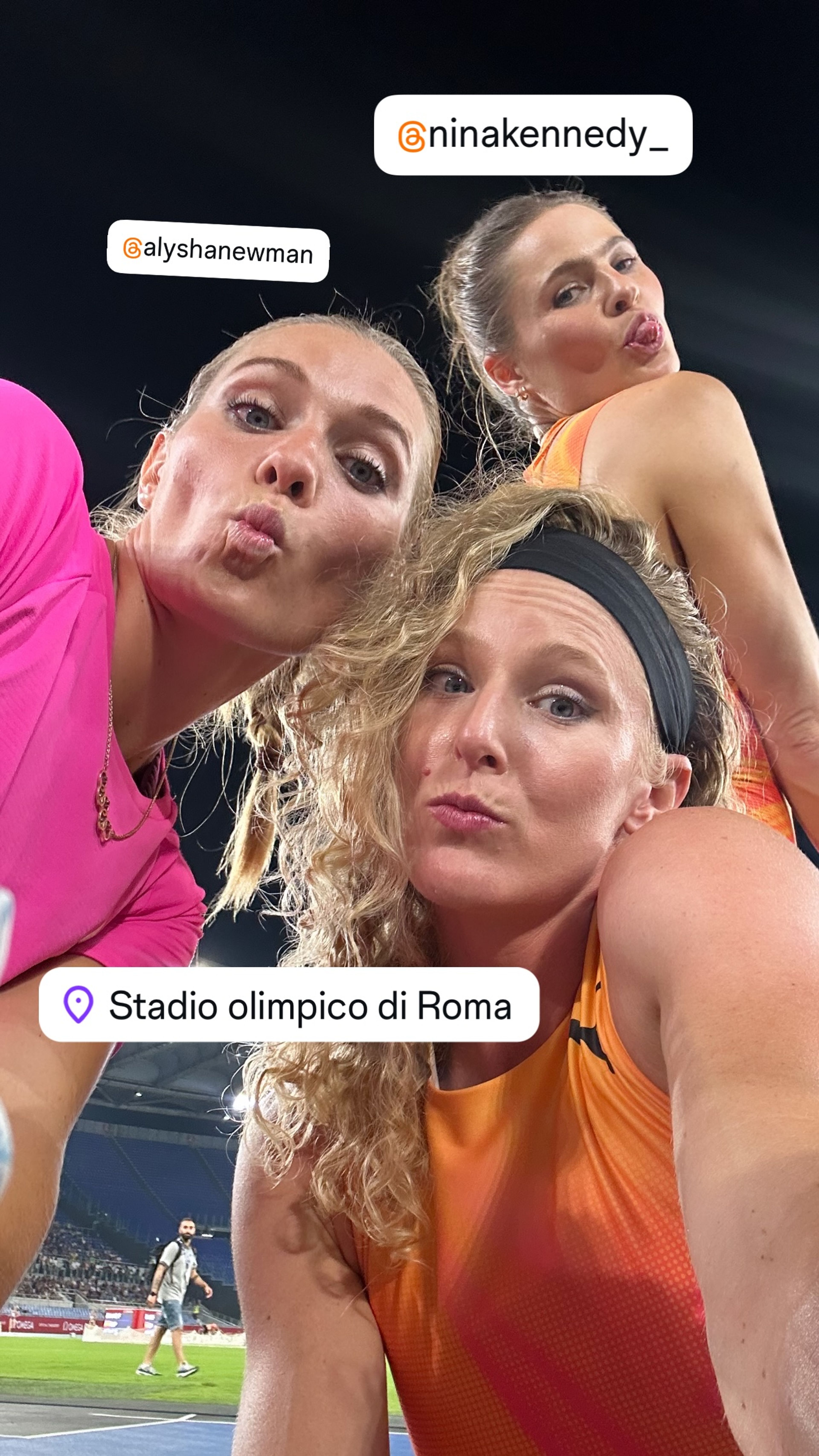 Alysha Newman, Sandi Morris, and Nina Kennedy pause for a selfie in Rome.