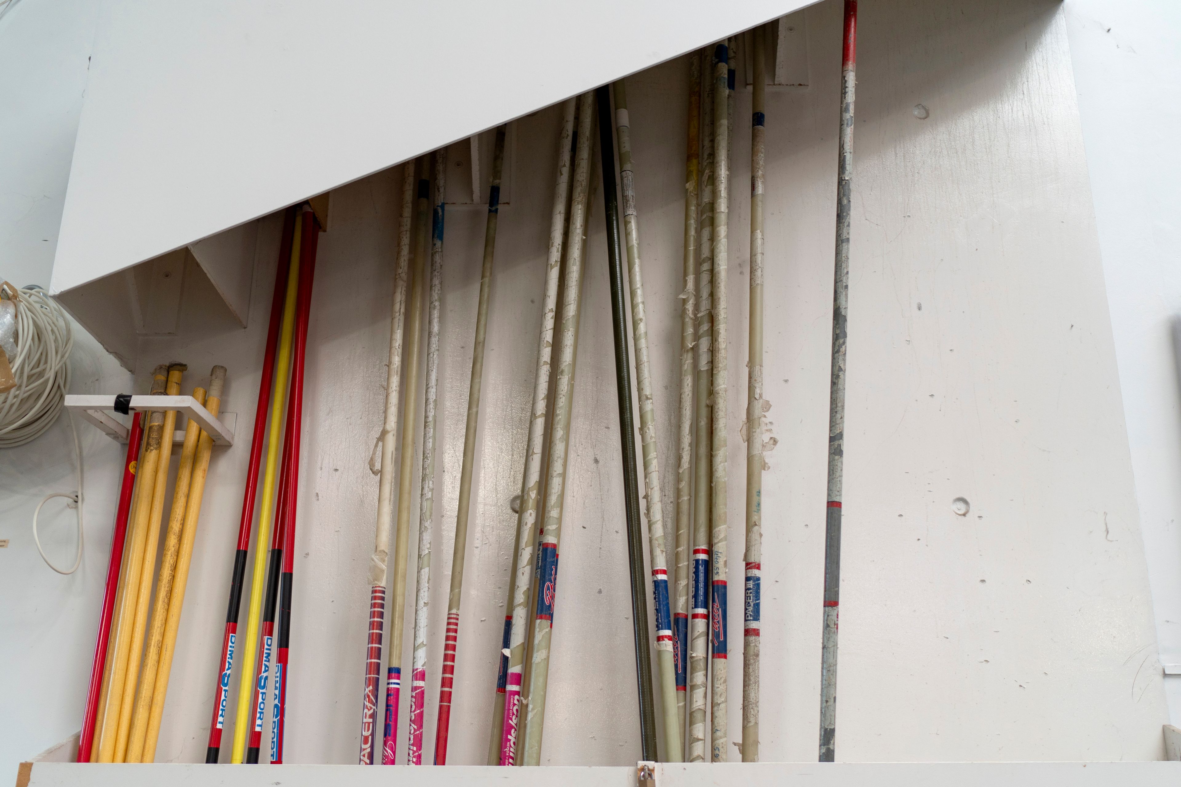 Pole vaults are stored at the Team USA training facility at the 2024 Summer Olympics, Tuesday, July 30, 2024, in Eaubonne, France. (AP Photo/David Goldman)