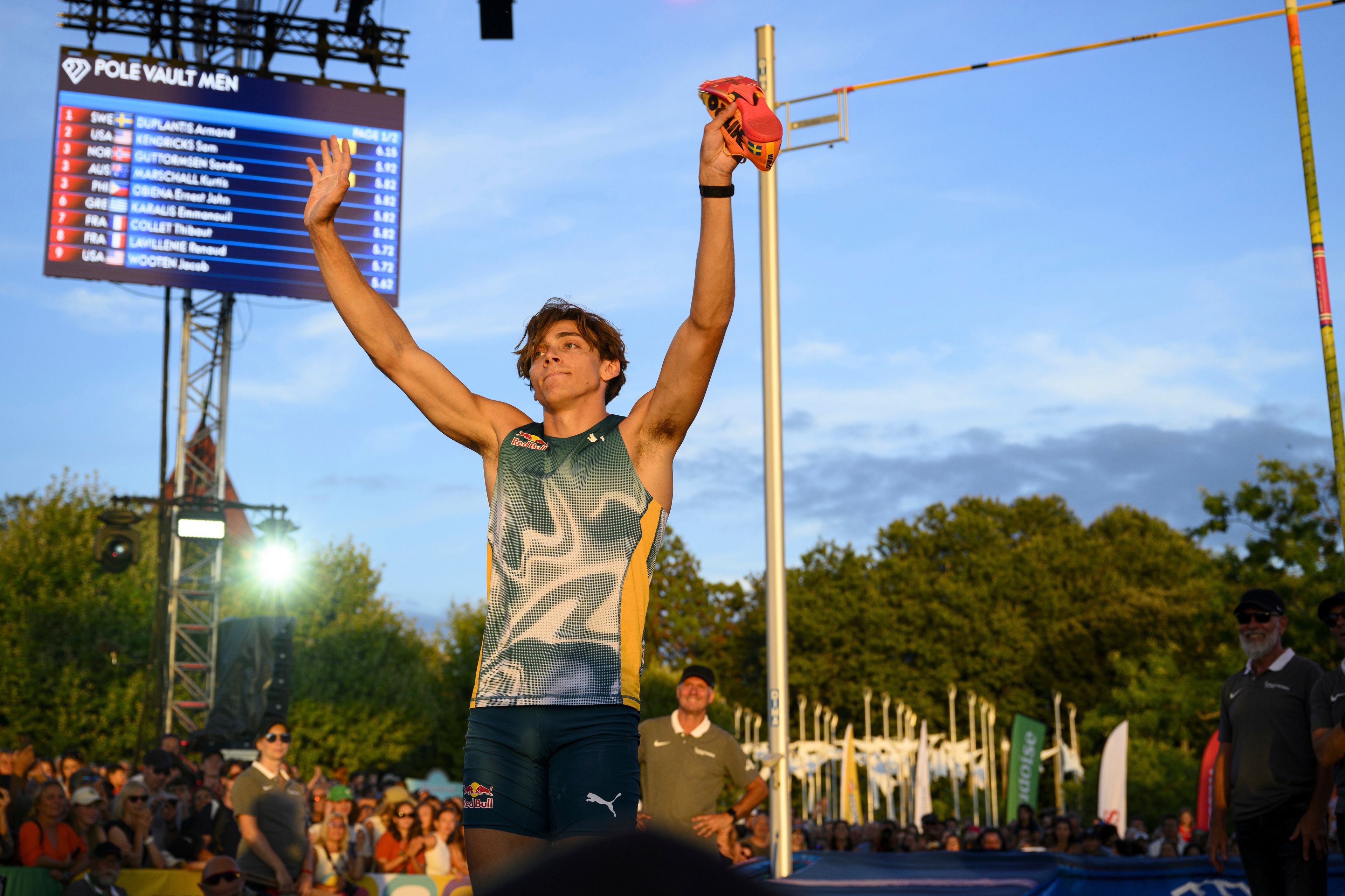 Armand Duplantis, of Sweden competes during the men's pole vault competition at the World Athletics Diamond League Athletissima City event athletics meeting, in Lausanne, Switzerland, Wednesday, Aug. 21, 2024. (Jean-Christophe Bott/Keystone via AP)