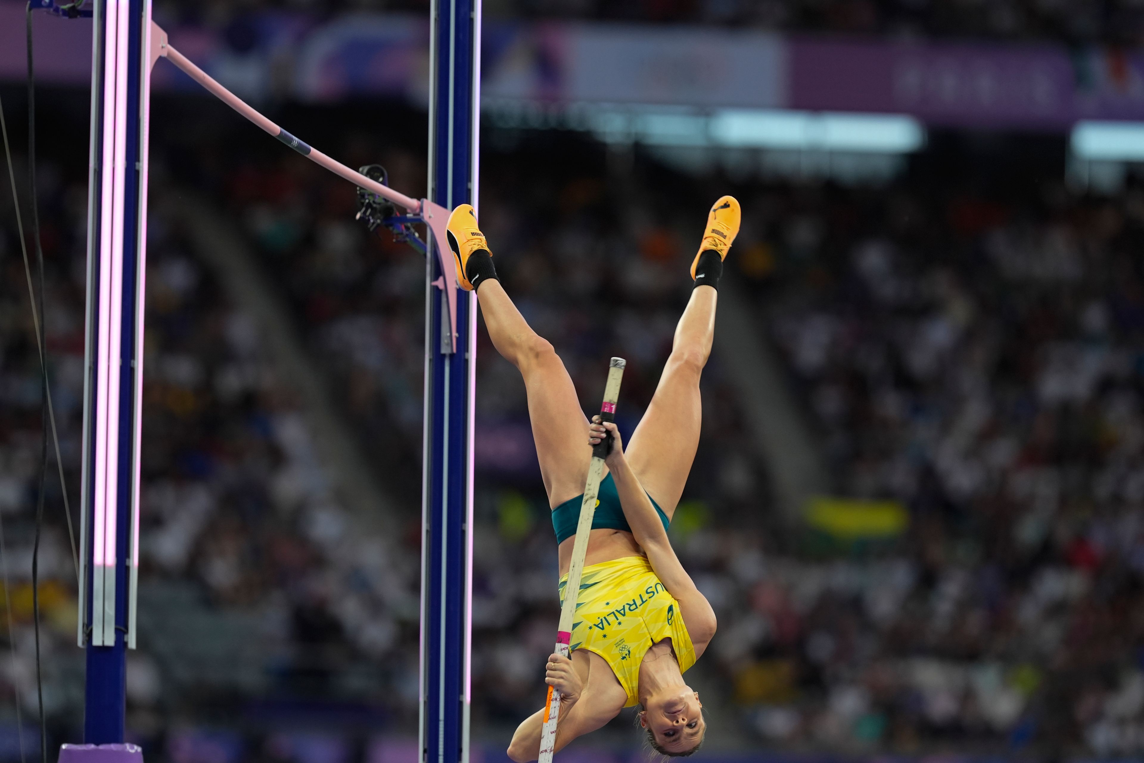 Nina Kennedy, of Australia, competes in the women's pole vault final at the 2024 Summer Olympics, Wednesday, Aug. 7, 2024, in Saint-Denis, France. (AP Photo/Rebecca Blackwell)