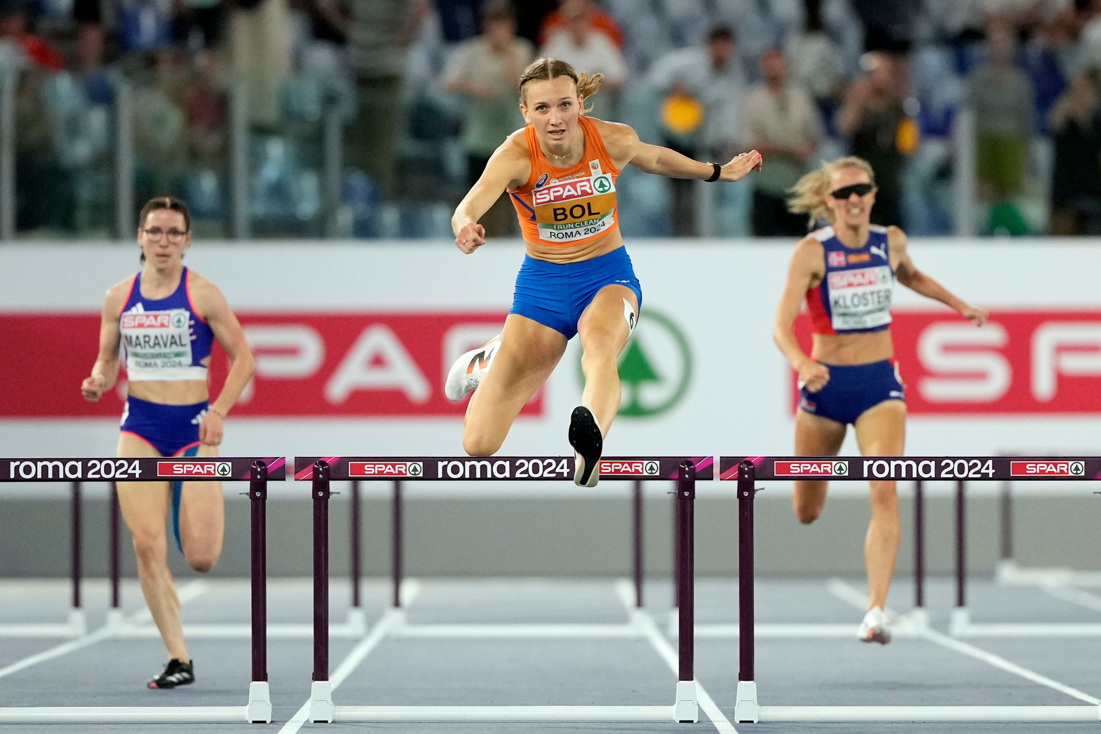 Femke Bol, of the Netherlands, competes in the women's 400 meters hurdles final at the European Athletics Championships in Rome, Tuesday, June 11, 2024. (AP Photo/Alessandra Tarantino)