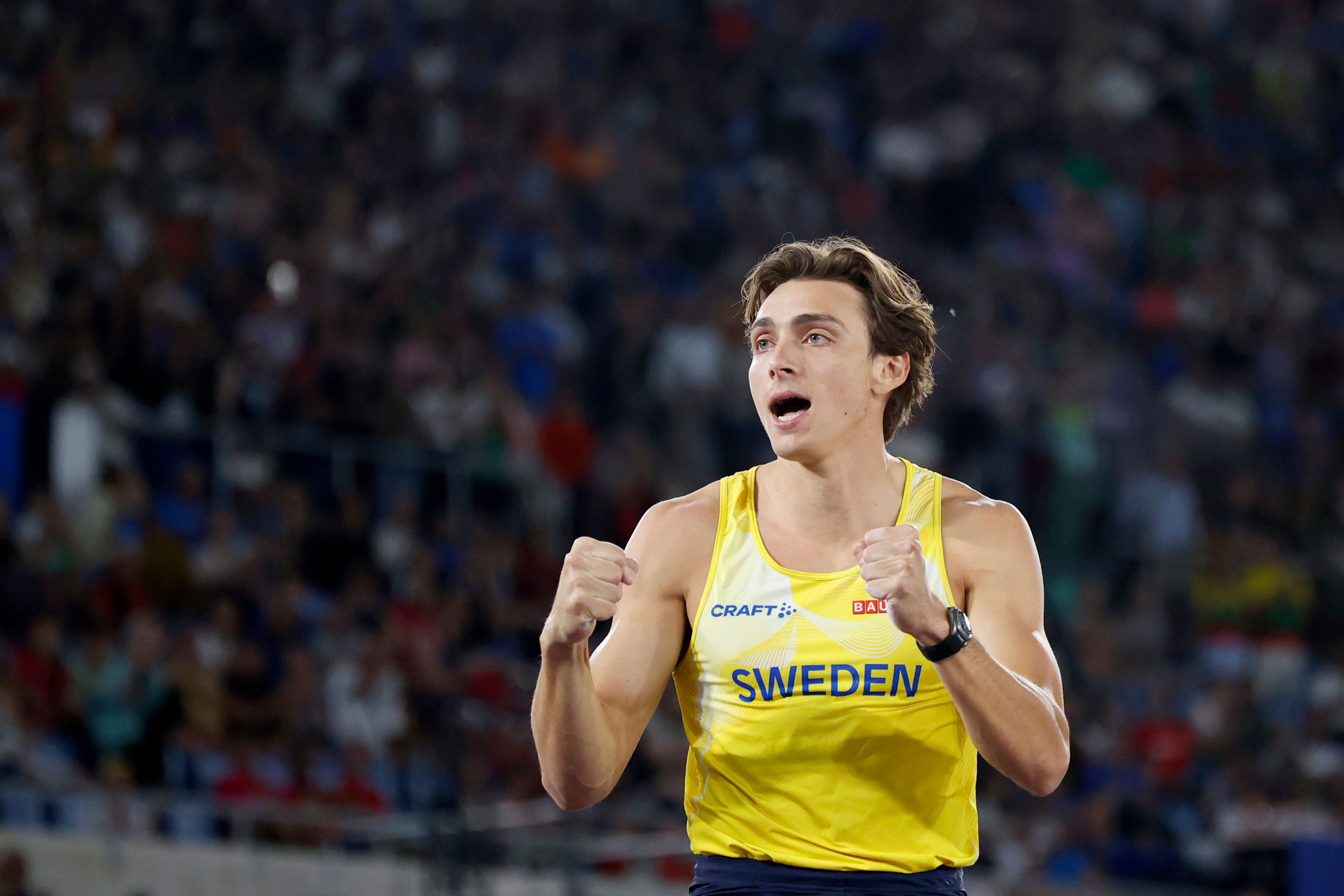 Armand Duplantis, of Sweden, reacts after a successful attempt in the men's pole vault final at the European Athletics Championships in Rome, Wednesday, June 12, 2024. (AP Photo/Riccardo de Luca)