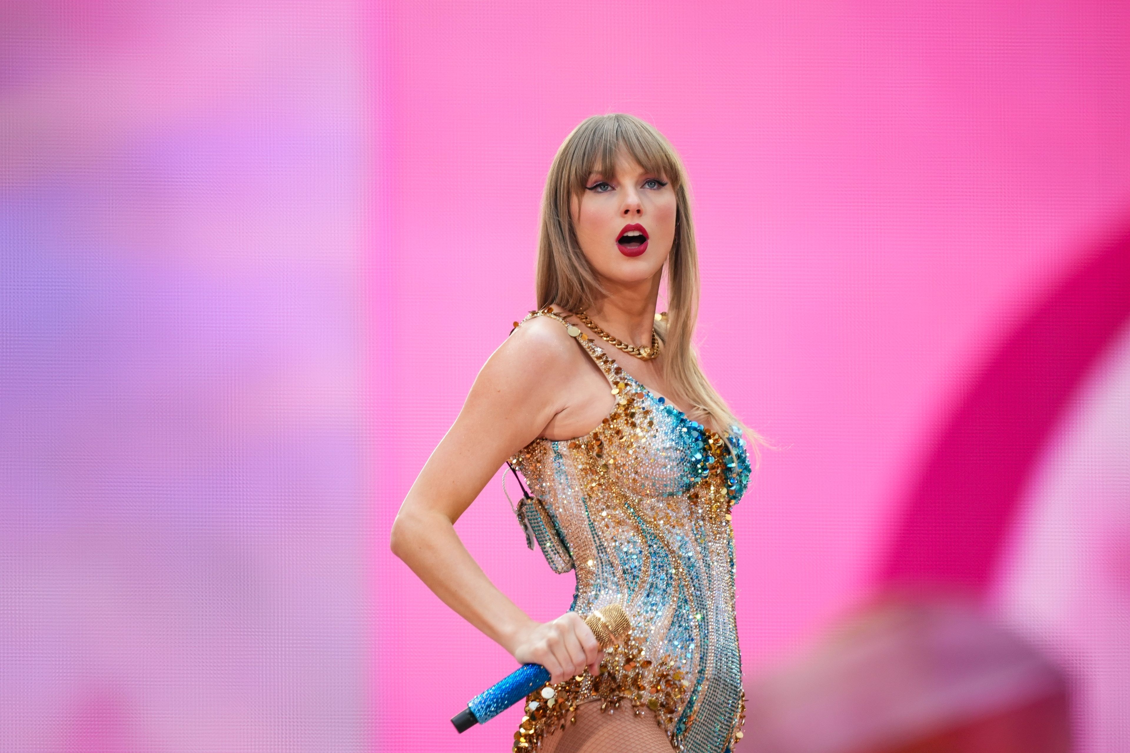 FILE - Taylor Swift performs at Wembley Stadium as part of her Eras Tour, June 21, 2024, in London.