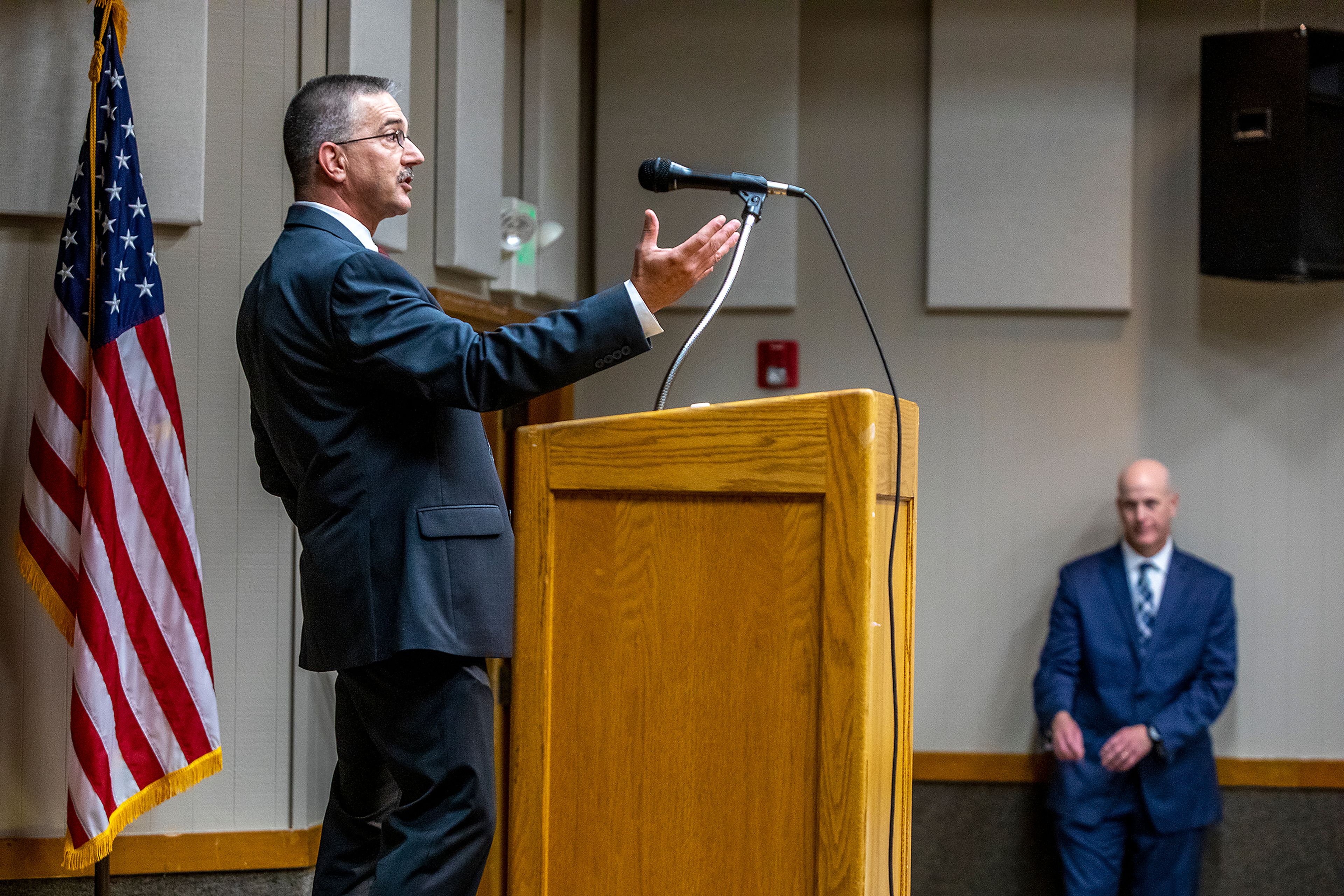 Candidate for Lewiston police chief Mark Goodman speaks at a meet and greet Monday.