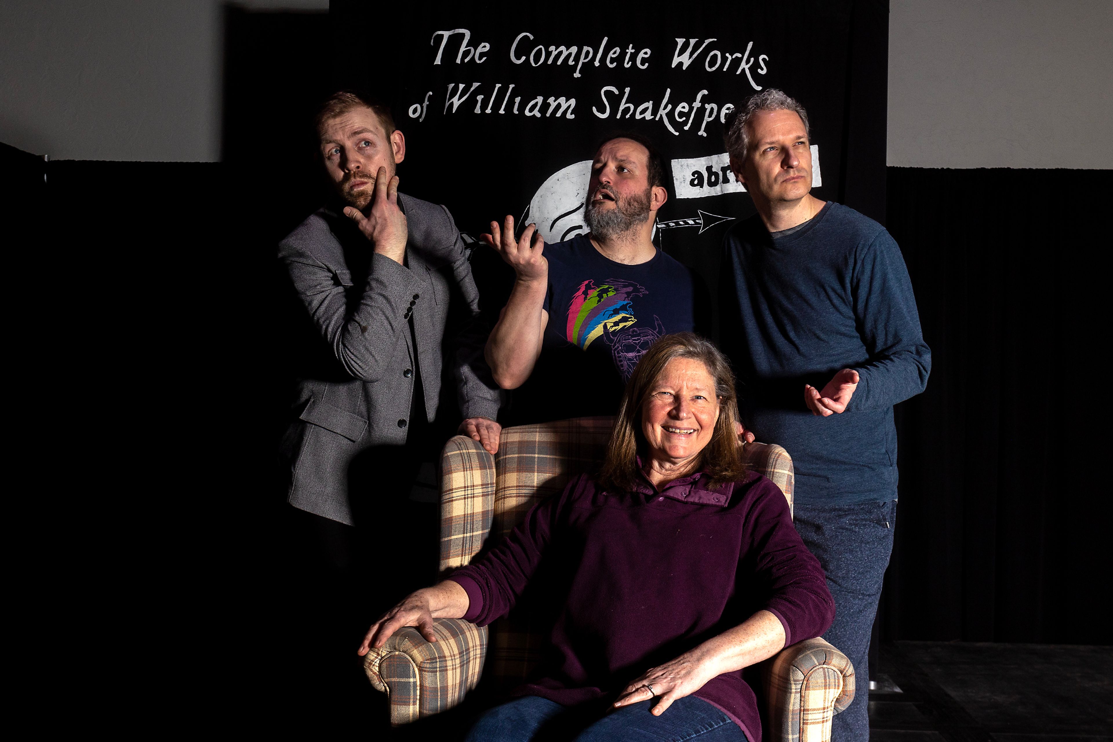 Director Beth Atkinson sits for a photo with the three actors in the play “The Complete Works of William Shakespeare (Abridged).” Standing, from left, are Micheal Keene, Jacob Trickey and Travis Osburn. The play opens Friday at Lindsay Creek Vineyards in Lewiston.