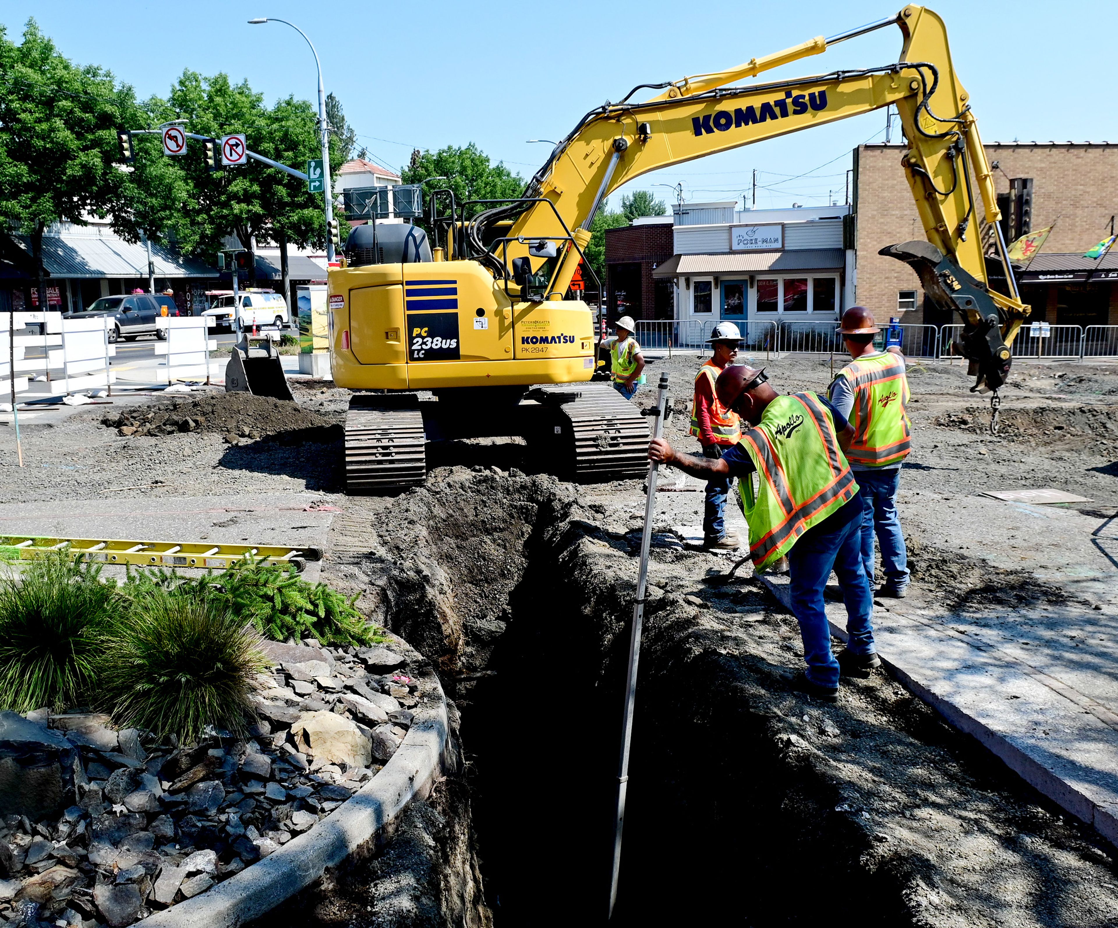 Crews continue the process of rebuilding Pullman’s city center with work being done at High Street Plaza on Wednesday