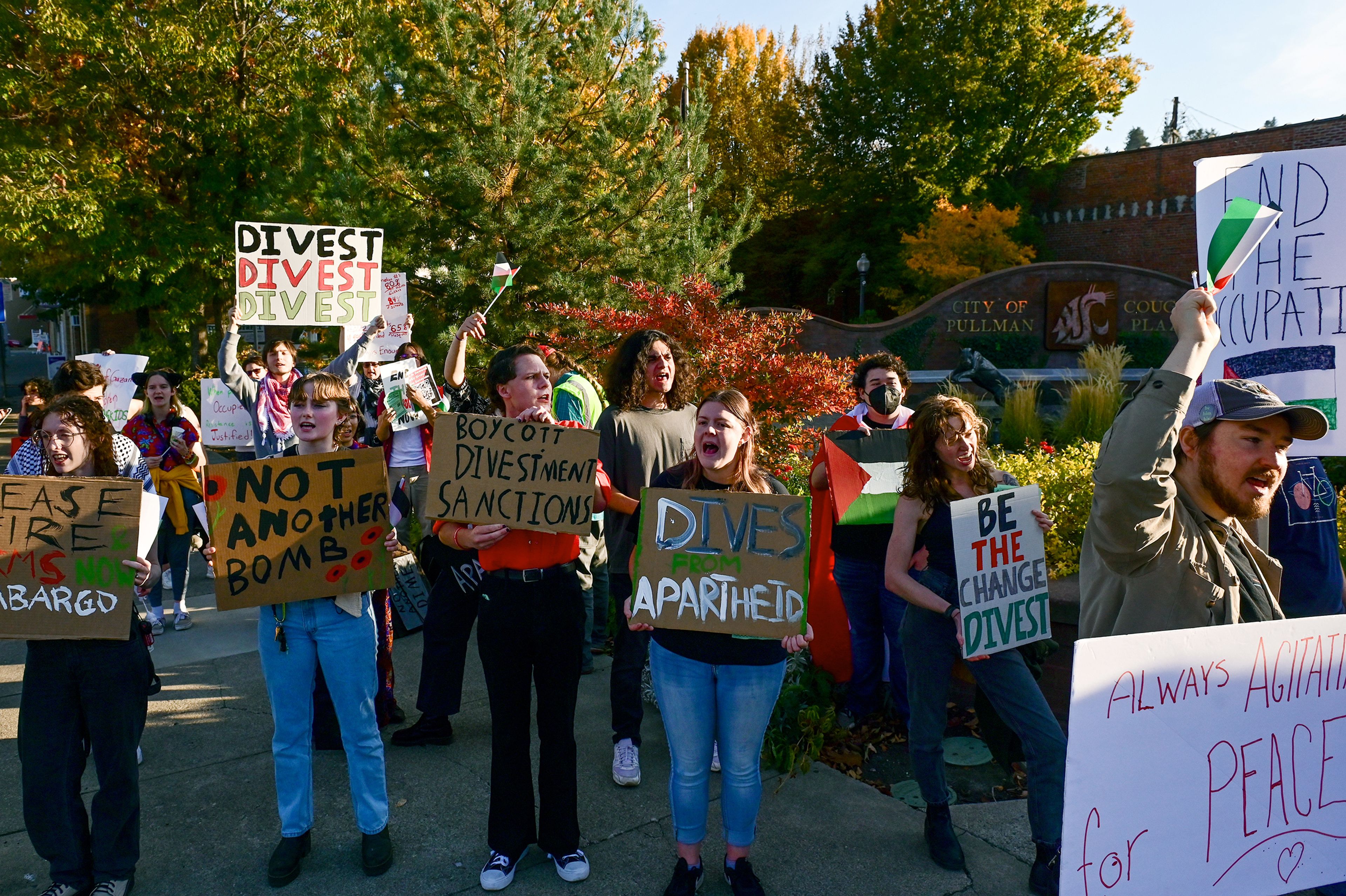 A group gathered in solidarity of Palestine call and respond to rally chants on the corner of Grand Avenue and Northeast Olsen Street after marching from Washington State University campus Monday in Pullman.