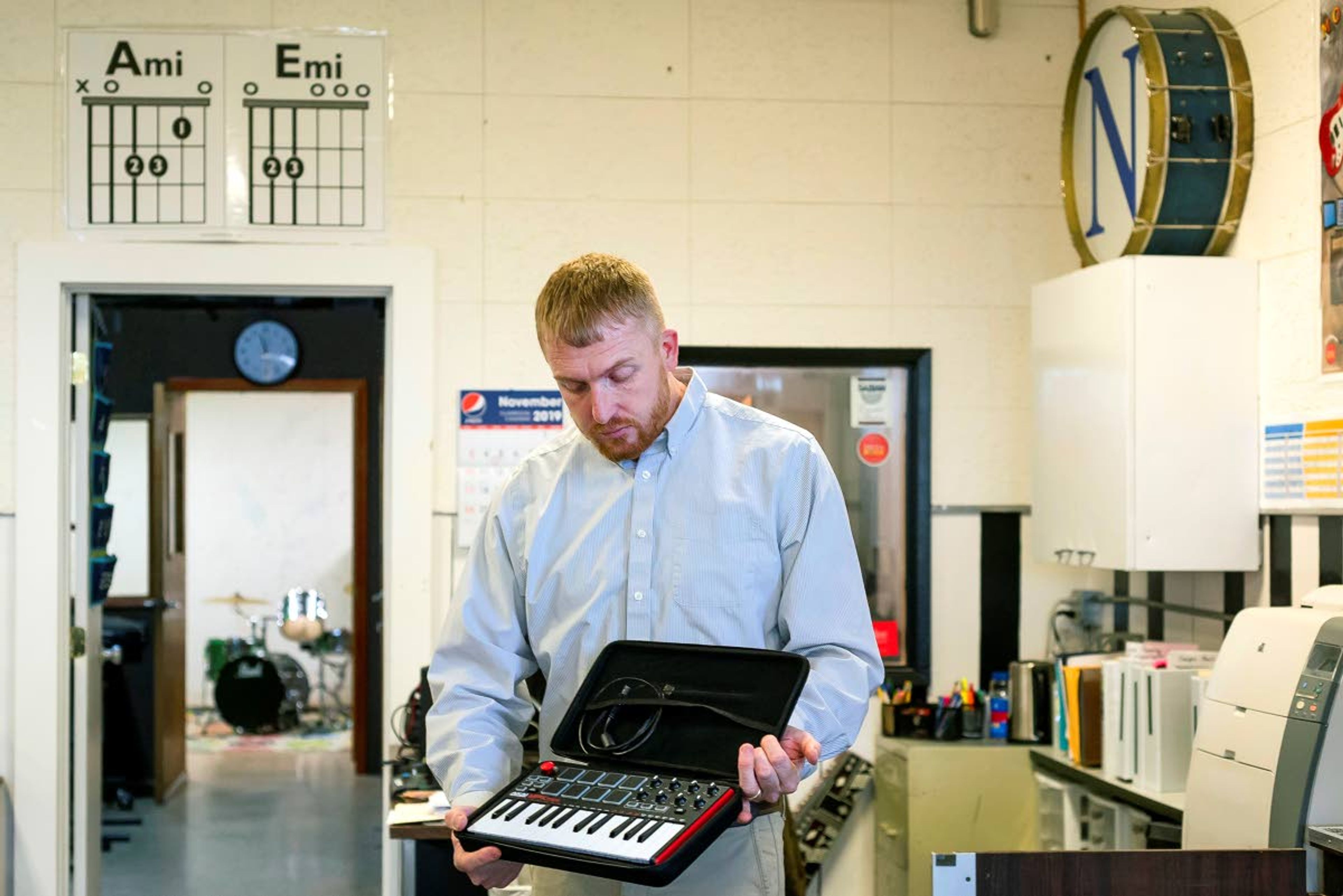 Music teacher Joe Campbell shows one of the school’s MIDI (Musical Instrument Digital Interface) controllers after modern band class at Nezperce School on Tuesday in Nezperce.