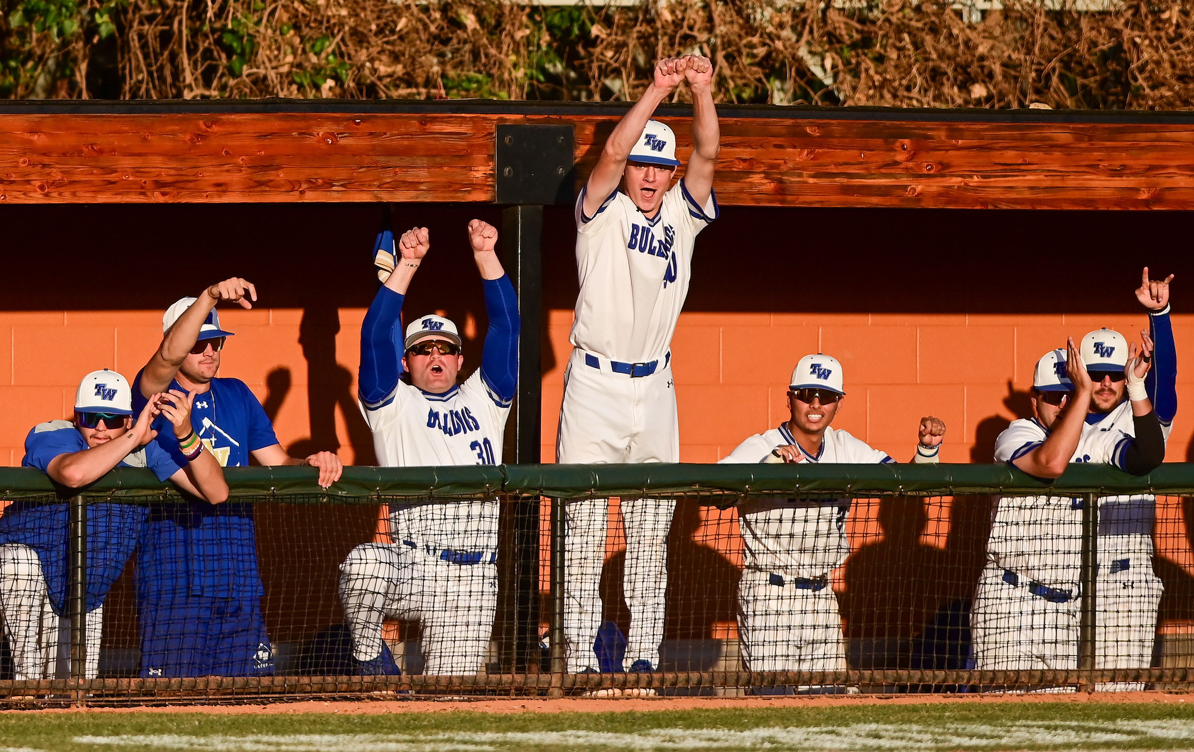 Tennessee Wesleyan celebrates a run from the dugout in Game 18 of the NAIA World Series against Reinhardt at Harris Field in Lewiston on Thursday.