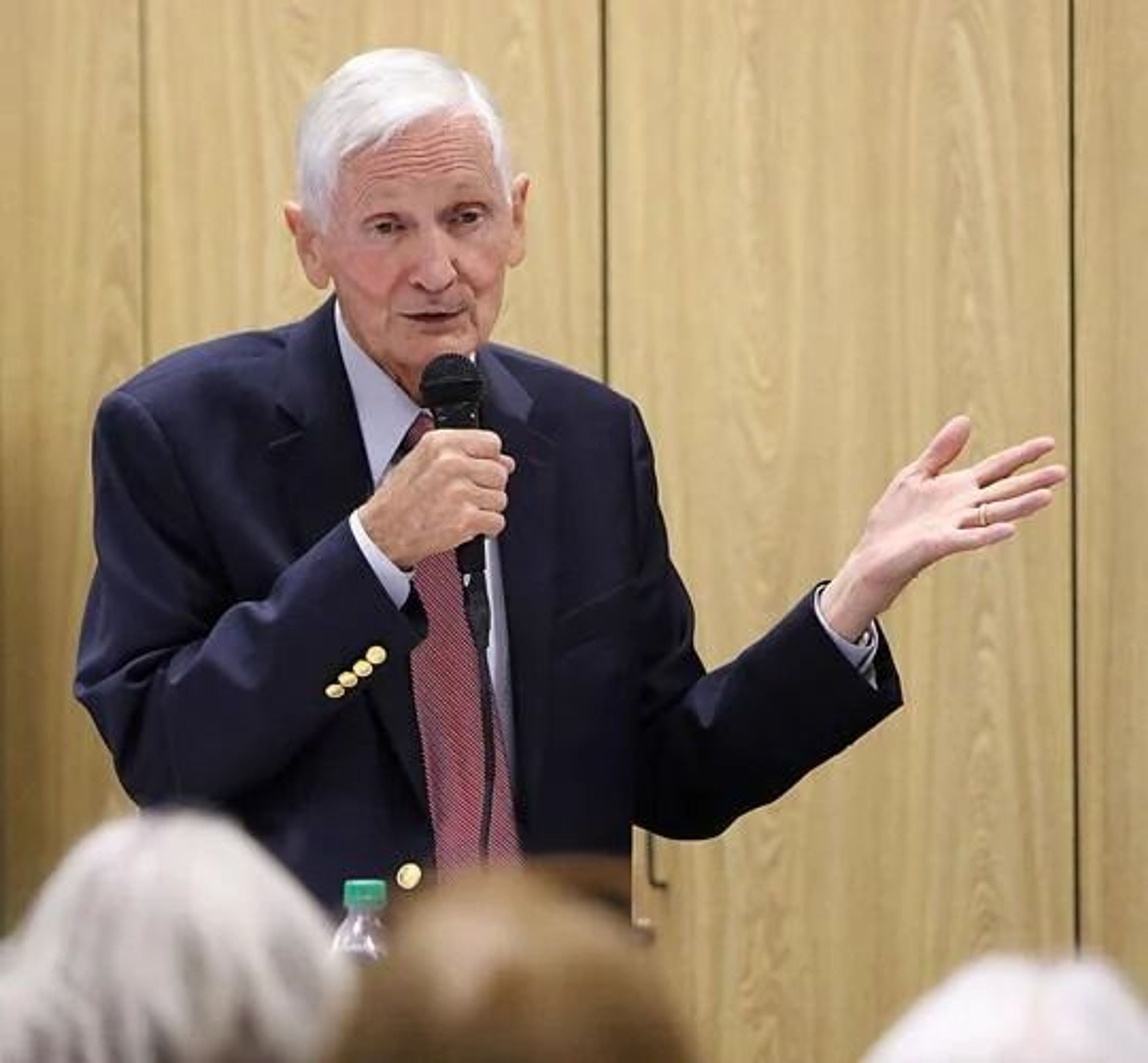 Former Idaho Attorney General Jim Jones talks during a Reclaim Idaho town ball meeting at Eagle in 2019.