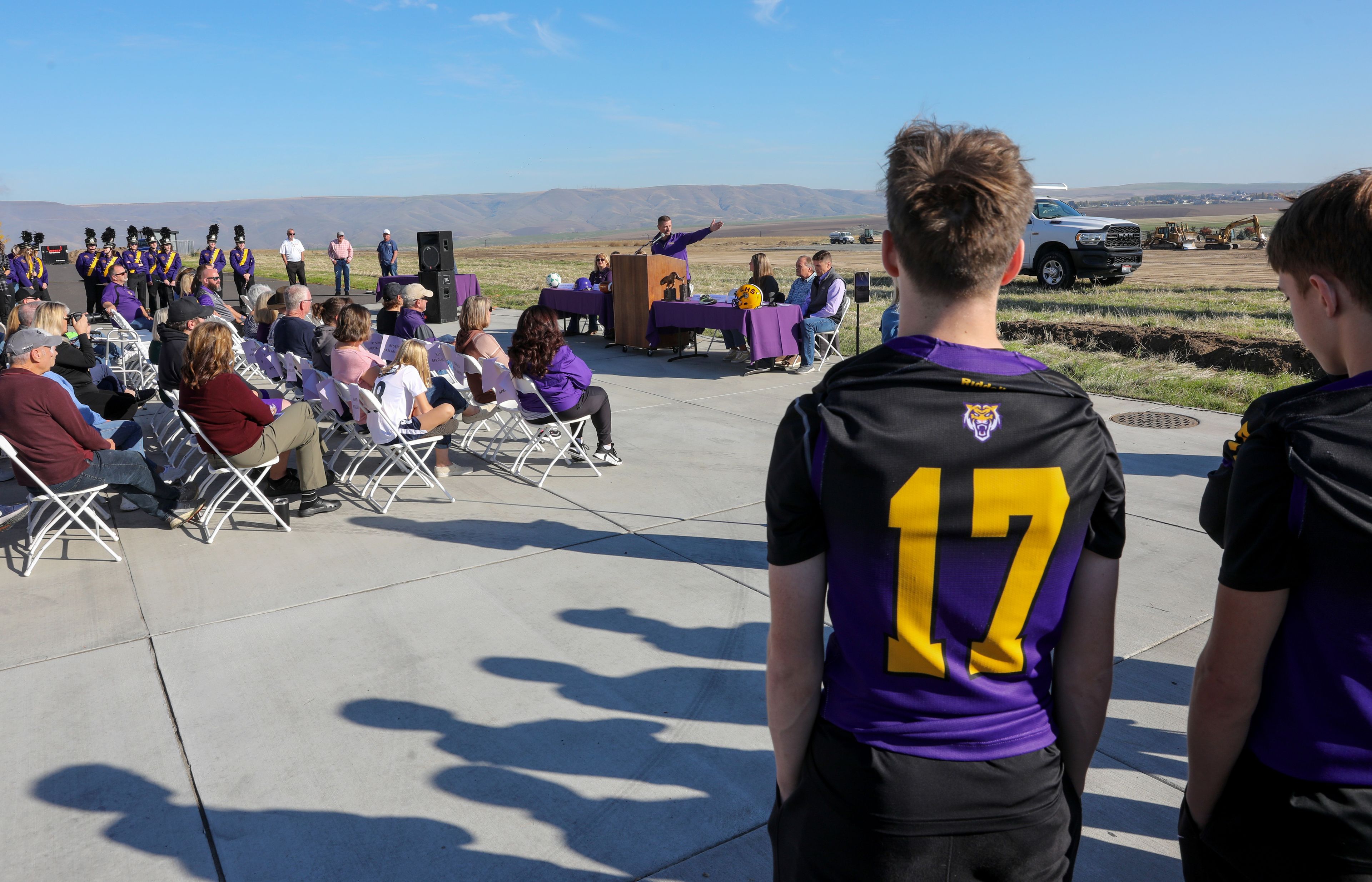 Lance Hansen, Lewiston School District superintendent, speaks at a groundbreaking ceremony for the beginning of construction on Lewiston High Schools athletic venues on Oct. 21, 2023.