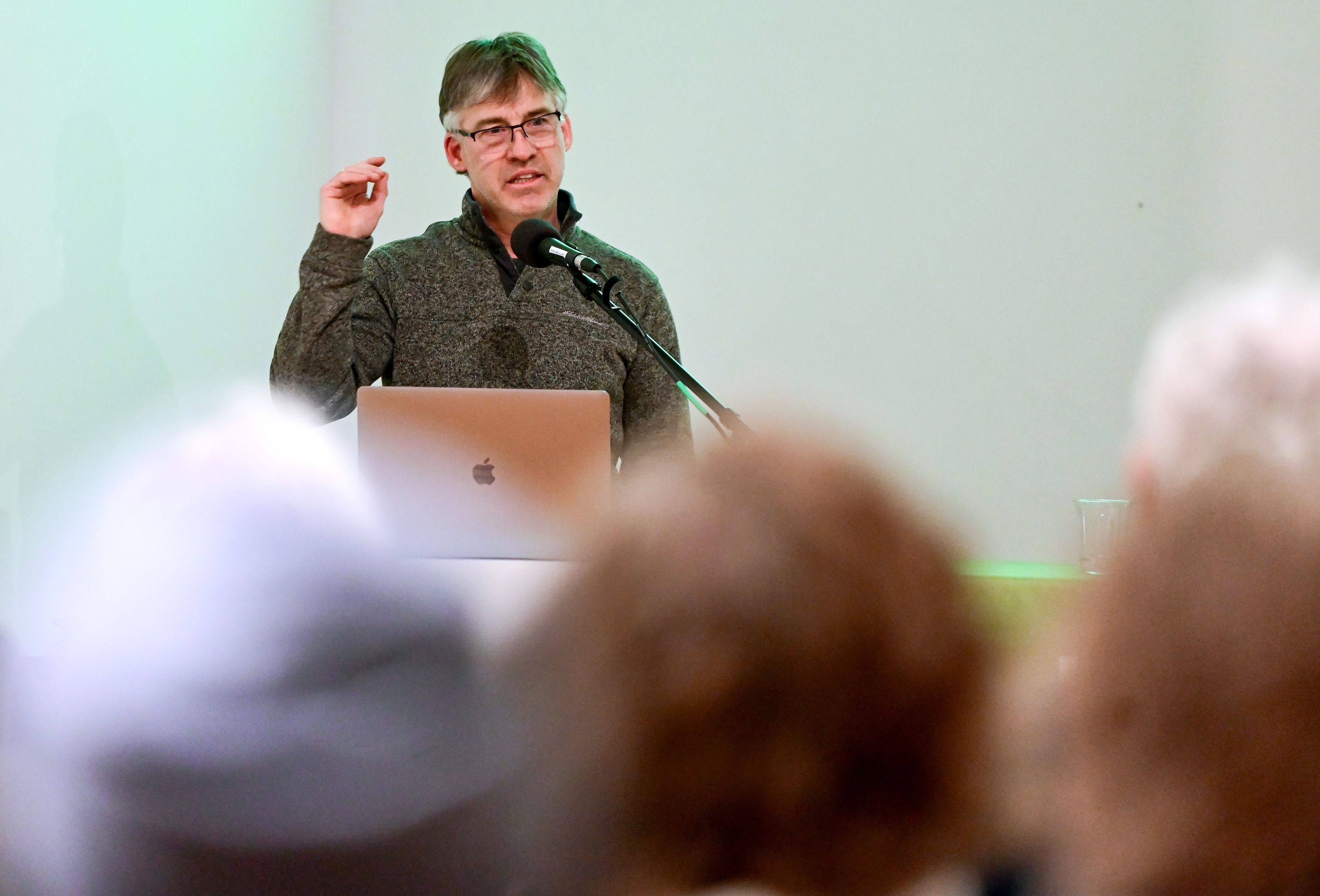 Executive director Roger Rowley discusses future plans for Moscow Contemporary during a town hall at the gallery in Moscow on Thursday.