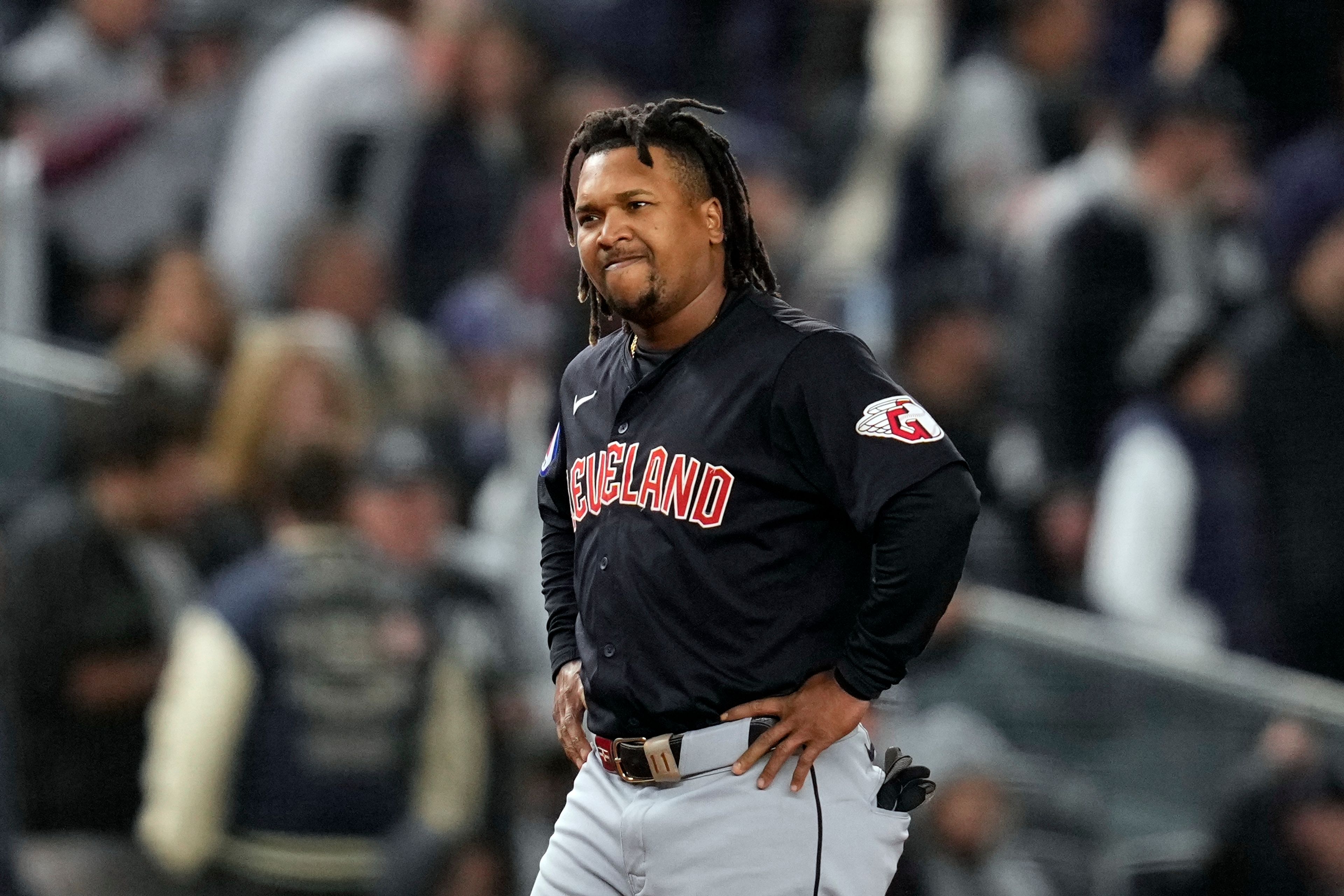 Cleveland Guardians' JosÃ© RamÃ­rez reacts after grounding out against the New York Yankees during the eighth inning in Game 1 of the baseball AL Championship Series Monday, Oct. 14, 2024, in New York. (AP Photo/Godofredo VÃ¡squez)