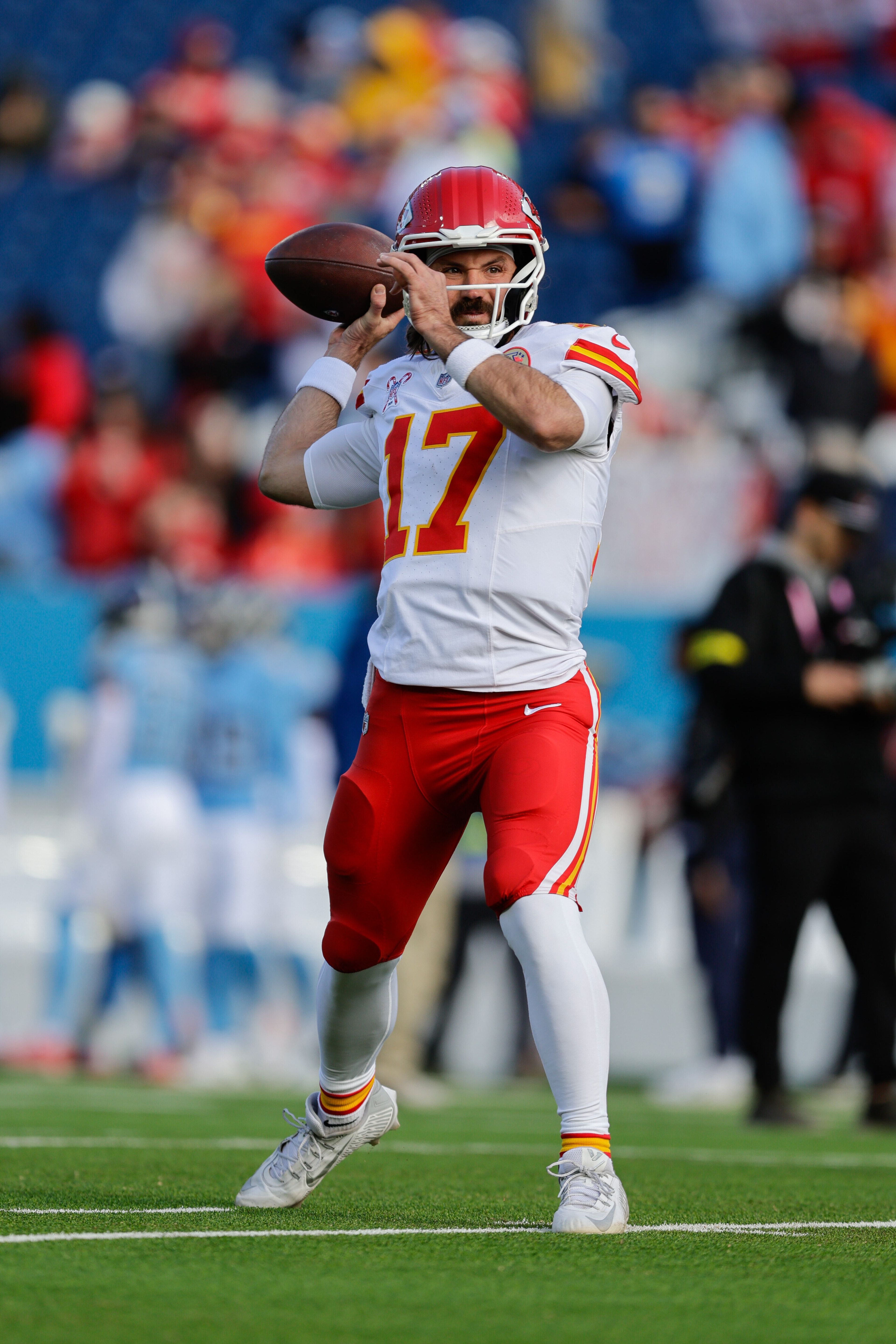 Kansas City Chiefs quarterback Gardner Minshew (17) warms up prior to an NFL football game against the Tennessee Titans, Sunday, Dec. 21, 2025, in Nashville, Tenn. (AP Photo/Stew Milne)