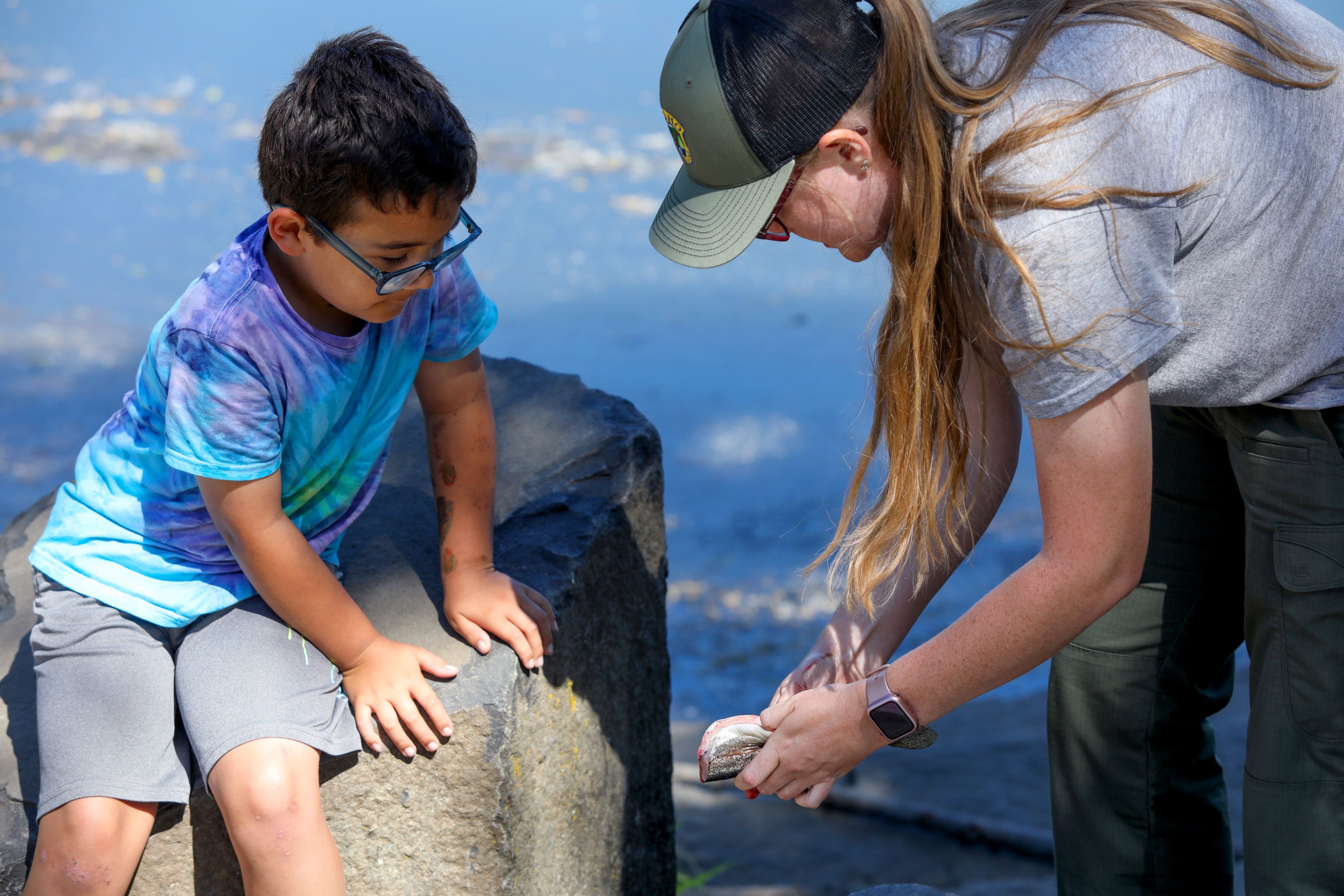 Louie Palmer, 8, watches Rayanna Skalicky, right, an aquatic, hunting and trapping Education Technician with Idaho Fish and Game, gut the Rainbow trout Palmer caught at Kiwanis Park Pond during Idaho's Free Fishing Day on Saturday in Lewiston.