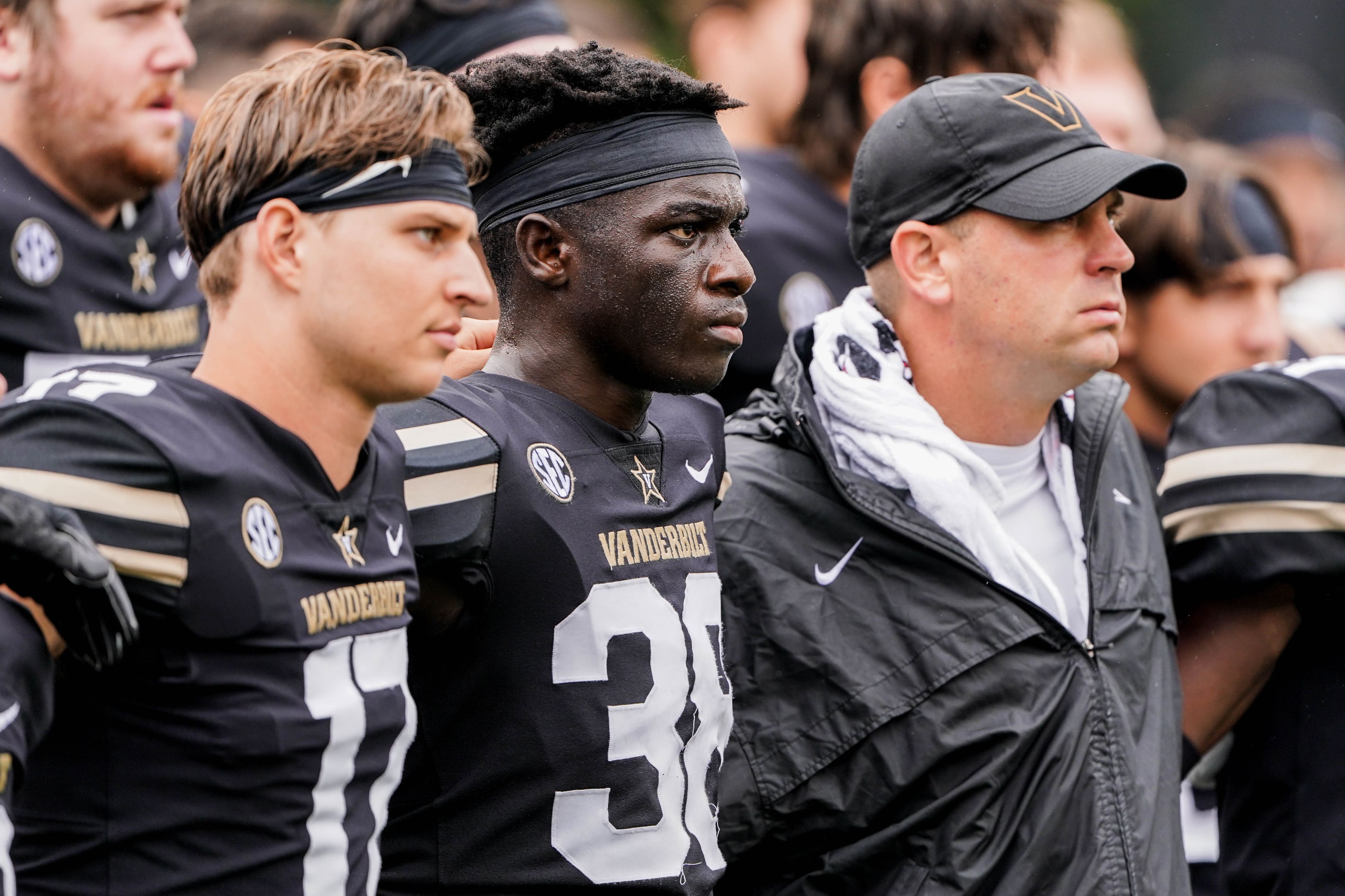 Former Vanderbilt defensive backs coach and new Idaho defensive coordinator Dan Jackson, right, looks toward the field with his players during a game against Wake Forest on Sept. 10, 2022, at FirstBank Stadium in Nashville.