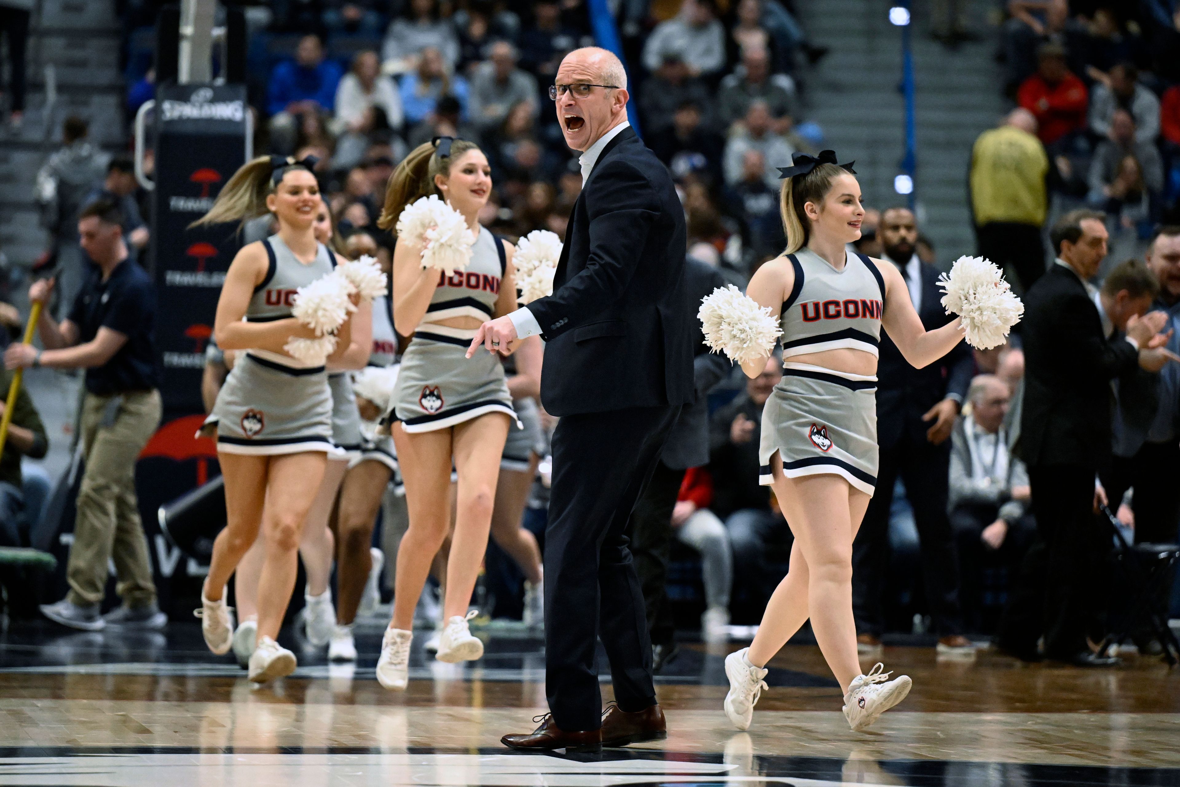 UConn head coach Dan Hurley reacts toward an official in the first half of an NCAA college basketball game against Georgetown, Sunday, Jan. 14, 2024, in Hartford, Conn. (AP Photo/Jessica Hill)