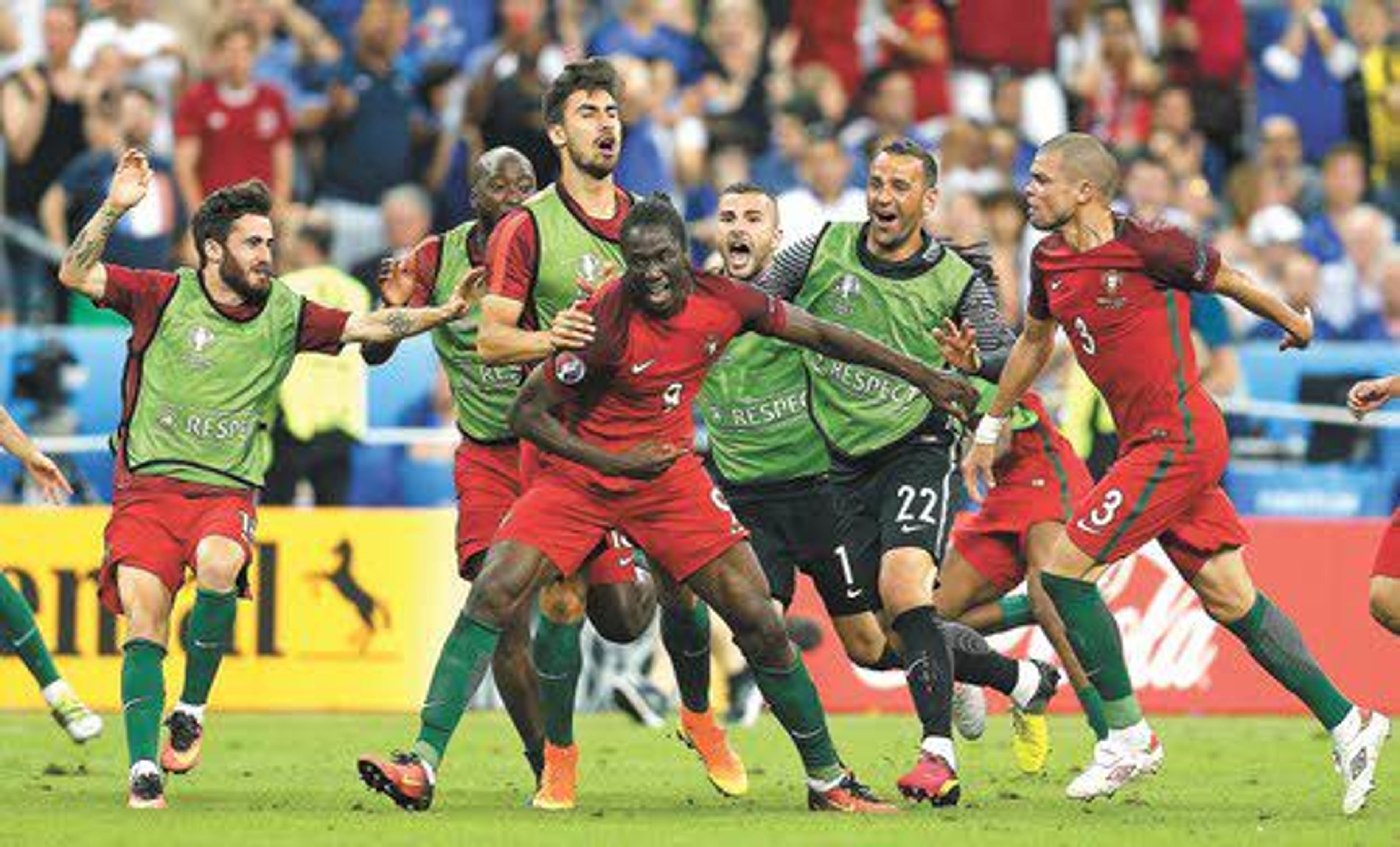 Portugal’s Eder (centre) rejoices his team’s win over France Sunday. , celebrates after scoring the opening goal during the Euro 2016 final soccer match between Portugal and France at the Stade de France in Saint-Denis, north of Paris, Sunday, July 10, 2016. (AP Photo/Michael Probst)