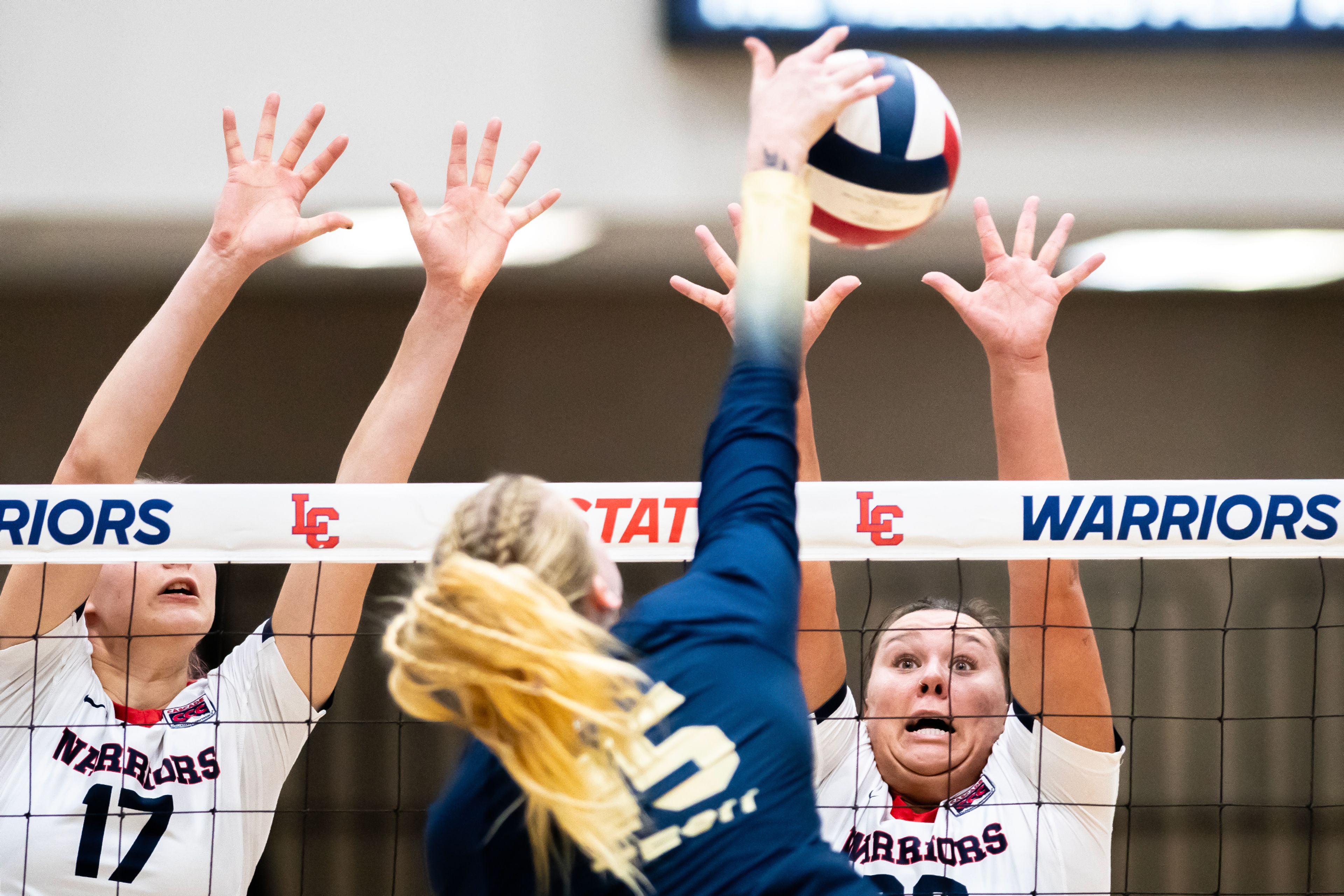 Lewis-Clark State outside hitter Taylin Rowley blocks an Oregon Tech spike during a Cascade Conference Tournament play-in match Tuesday at Lewis-Clark State College.