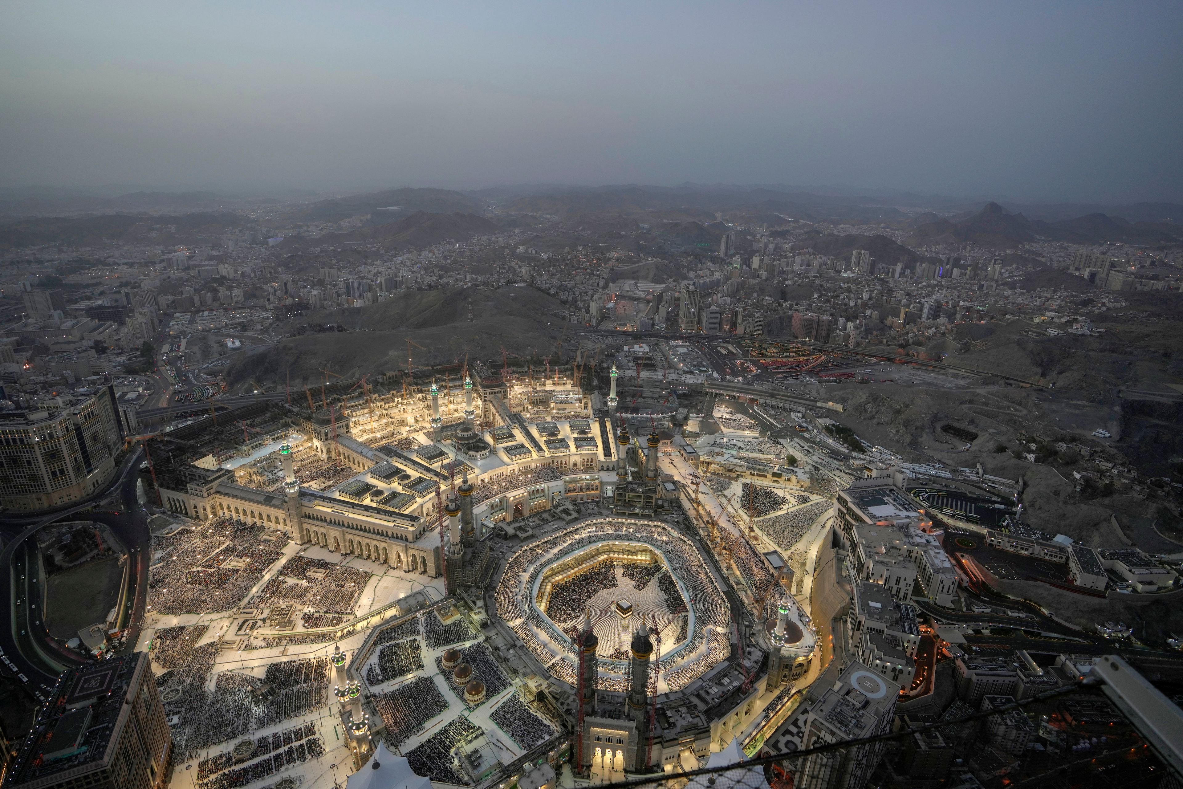 FILE - A general view of the Grand Mosque is seen from the Clock Tower during the Hajj pilgrimage in the Muslim holy city of Mecca, Saudi Arabia, on June 22, 2023. Once a year, Muslim pilgrims coming to Saudi Arabia from around the world unite in a series of religious rituals and acts of worship as they perform Hajj, one of the pillars of Islam.