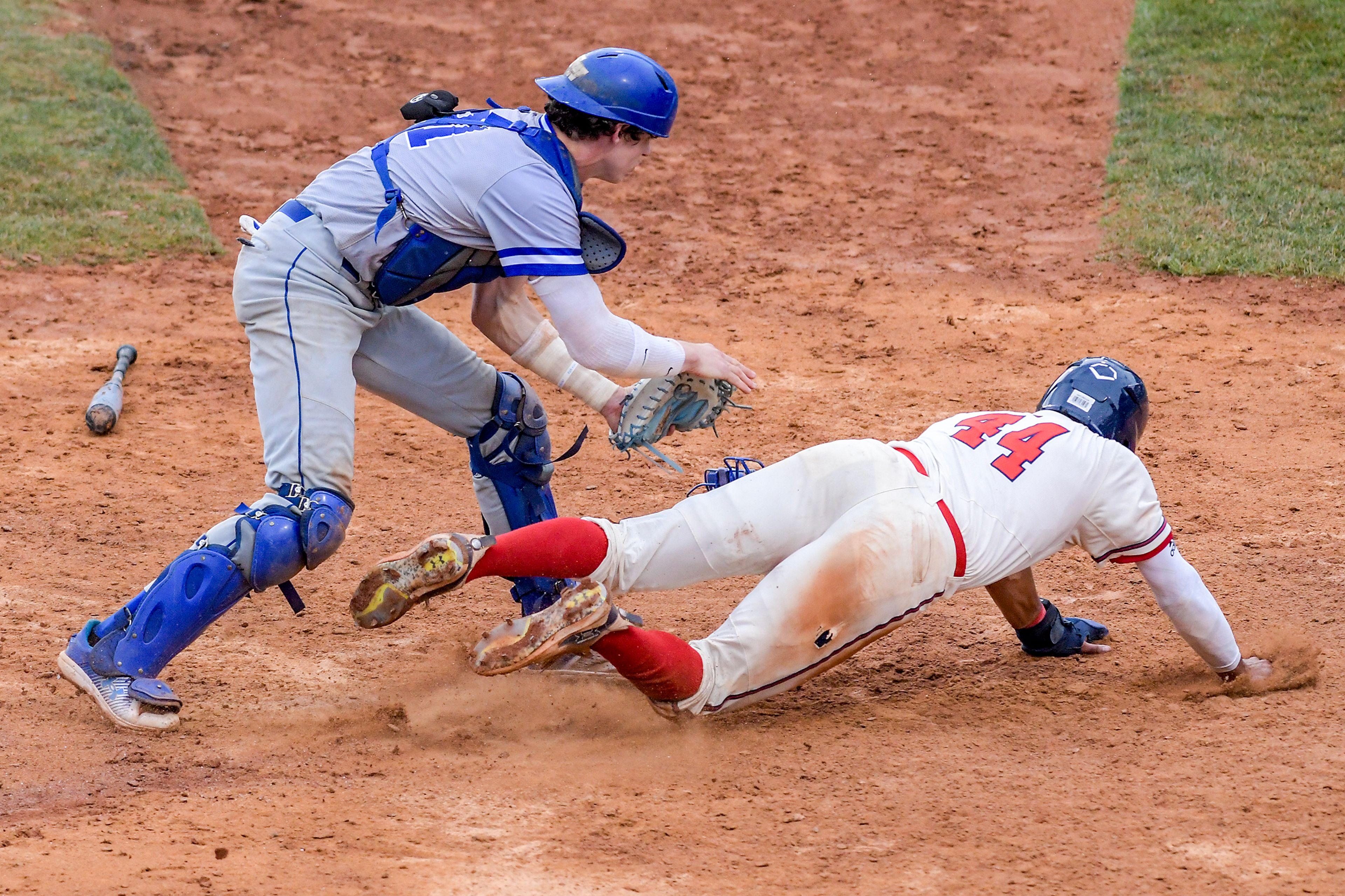 Tennessee Wesleyan catcher Daniel Stewart tags out Cumberlands’ Christian Thompson as he tries to make it home in an inning of game 3 of the NAIA World Series at Harris Field Friday in Lewiston.